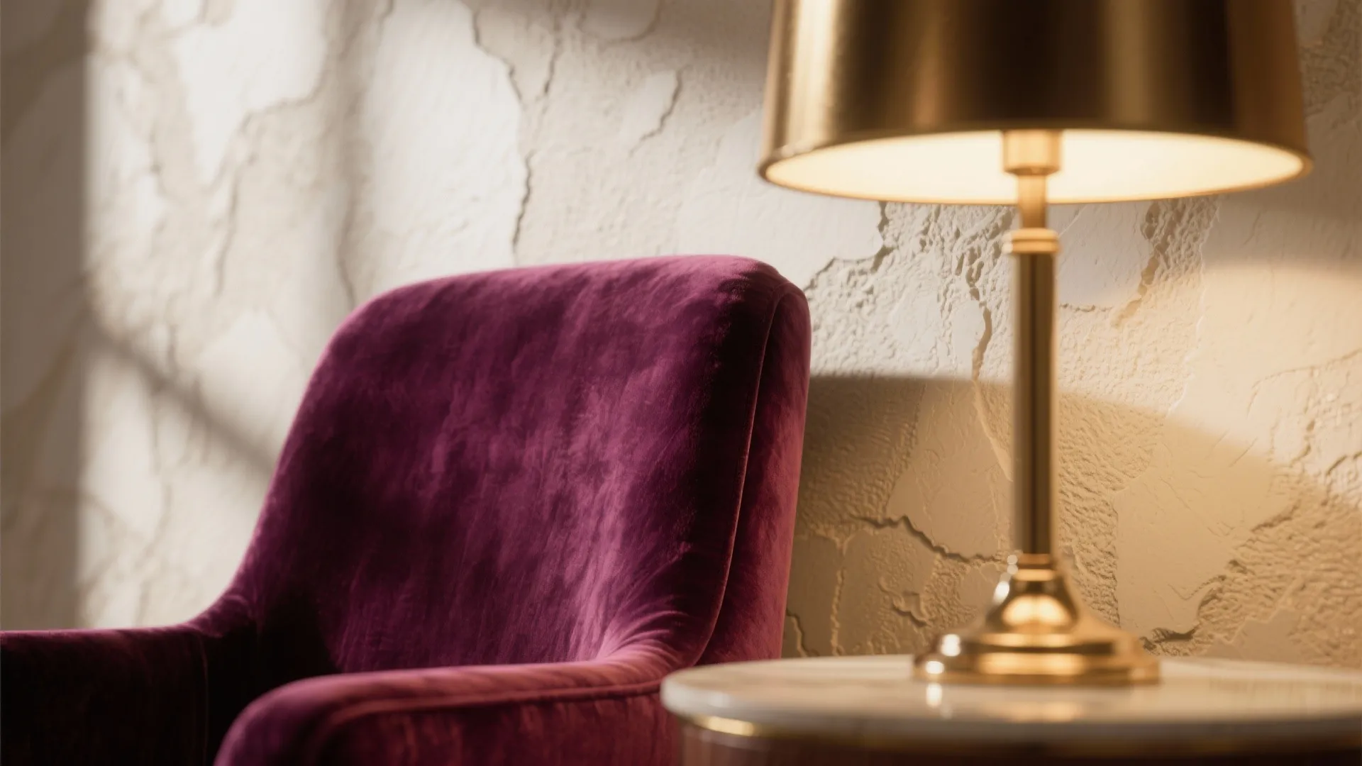 Purple velvet chair and gold lamp on marble side table with textured white wall background