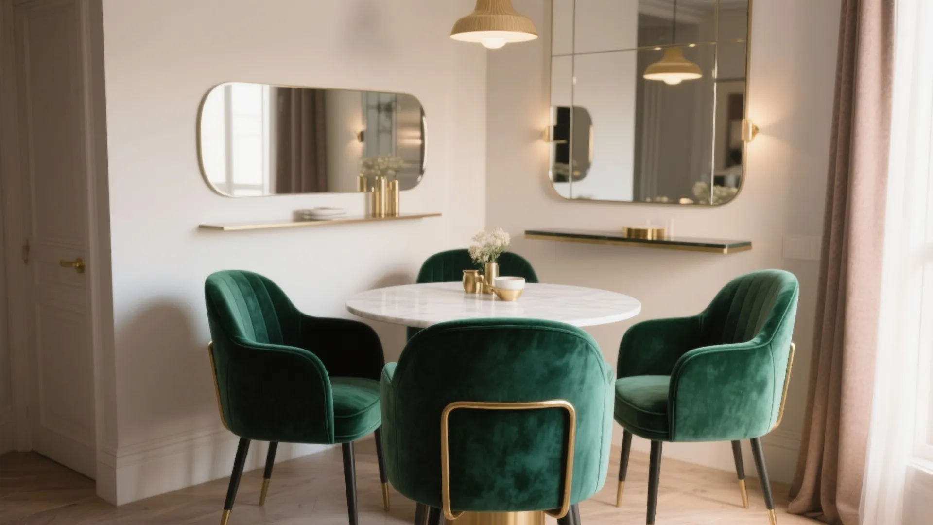 1. Velvet Seating and Mirrored Accents