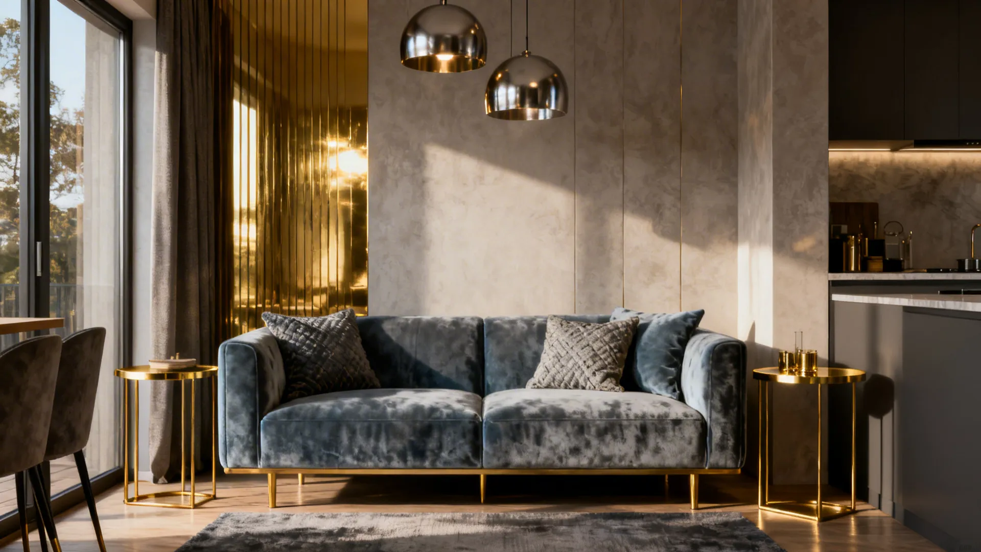2. Velvet Sofa and Mixed Metals