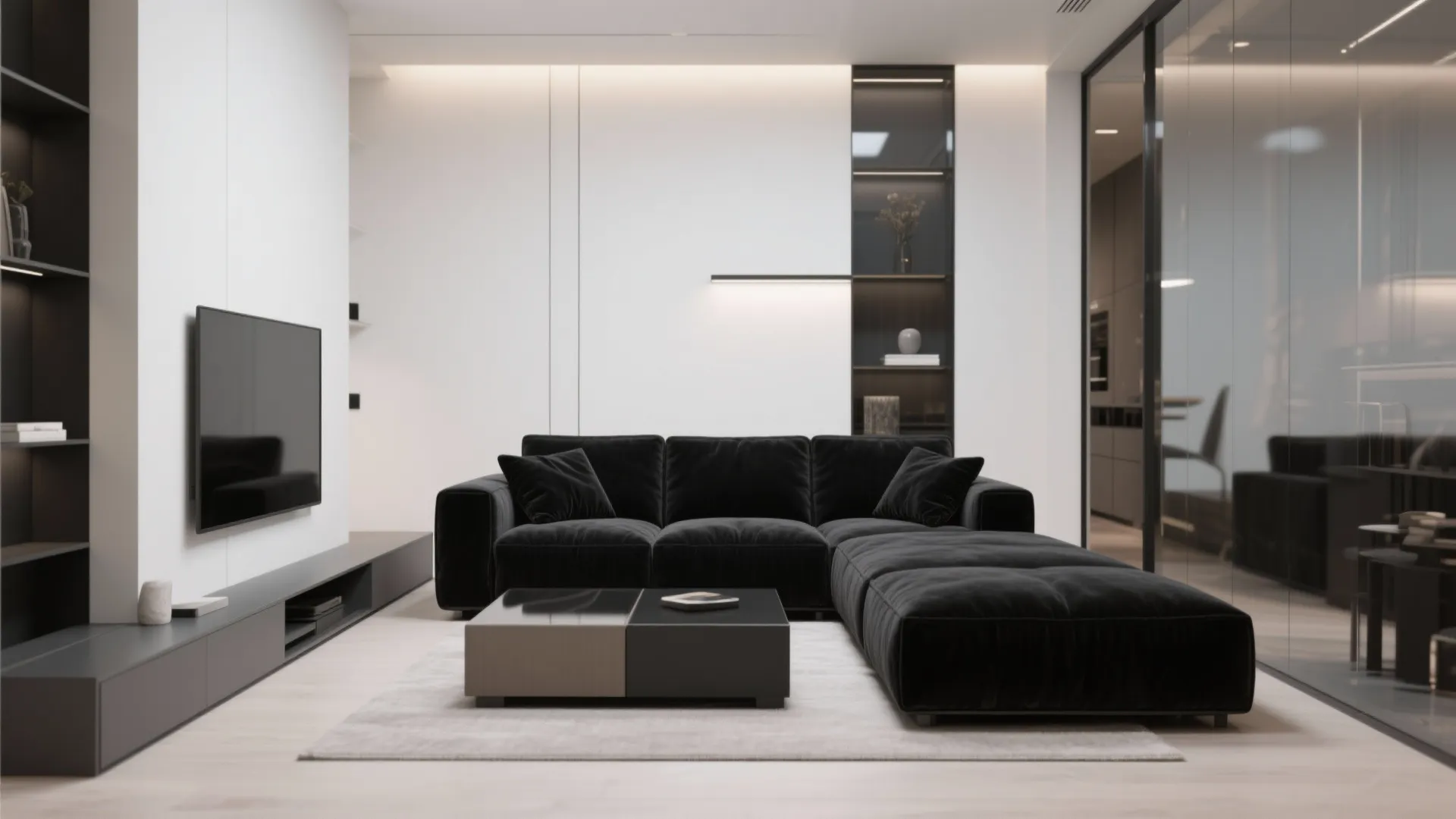 Small living room with a slim black velvet loveseat and modular sectional option