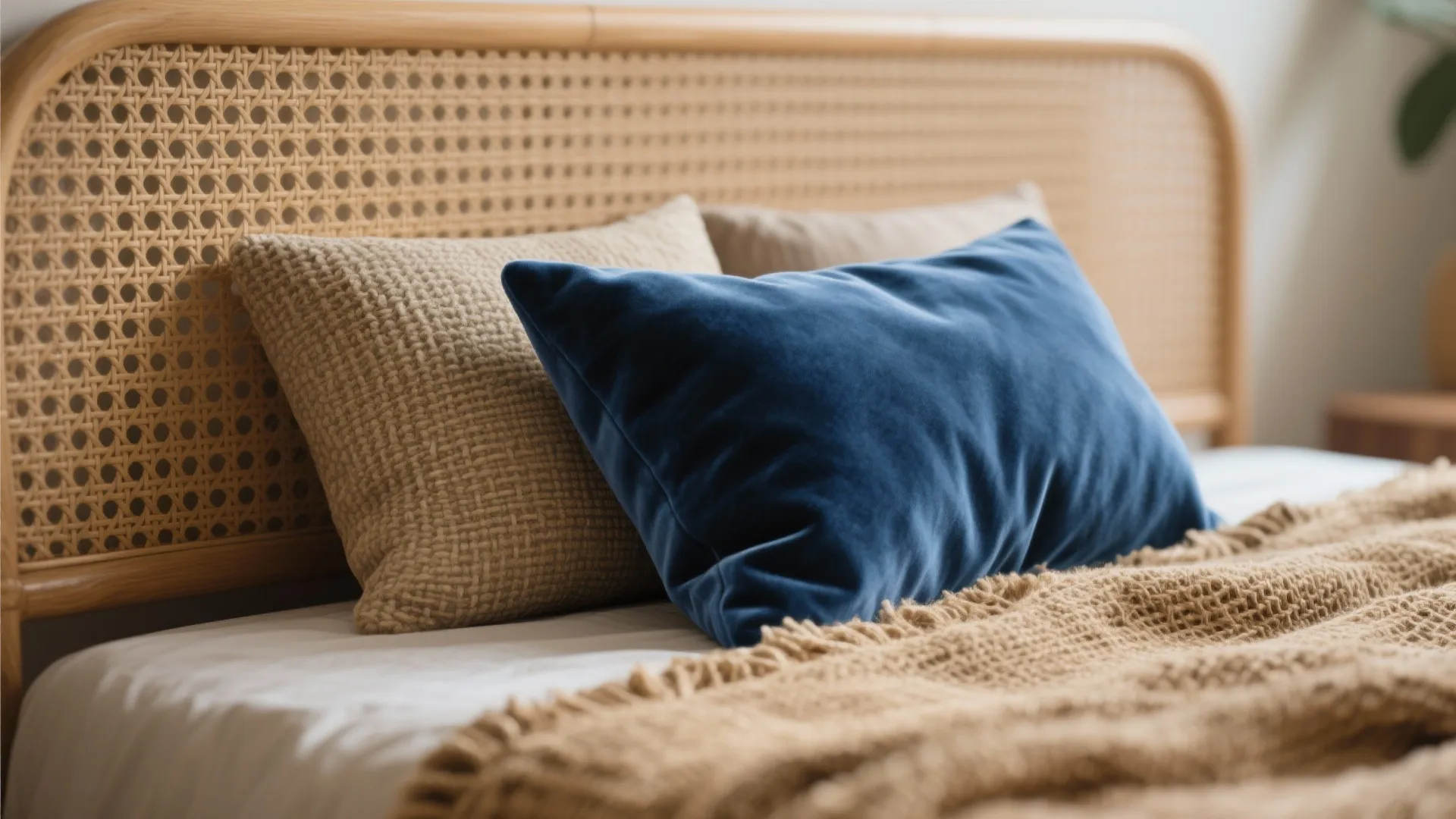 Close-up of blue velvet pillow contrasted with rattan headboard and jute rug textures.
