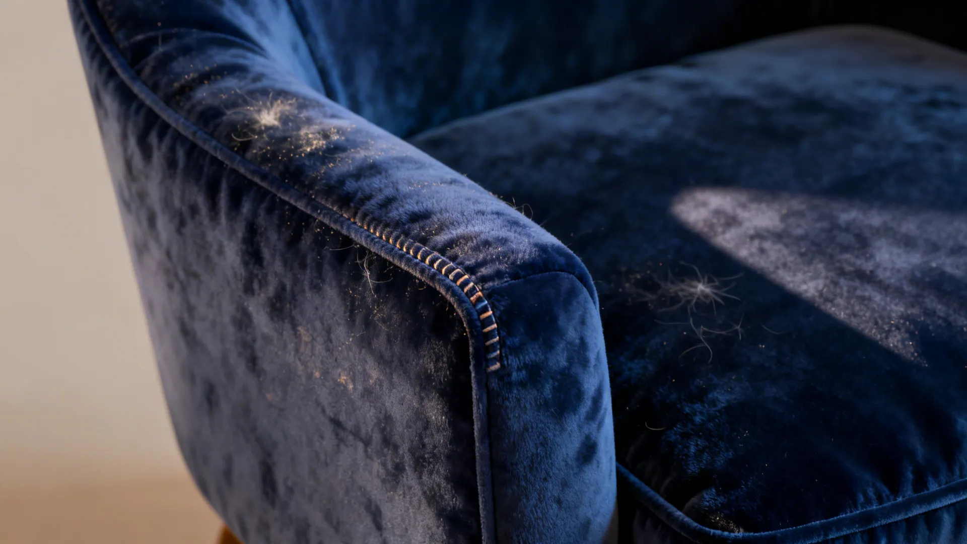 Close-up of navy velvet chair fabric and detachable cushion seam in warm light
