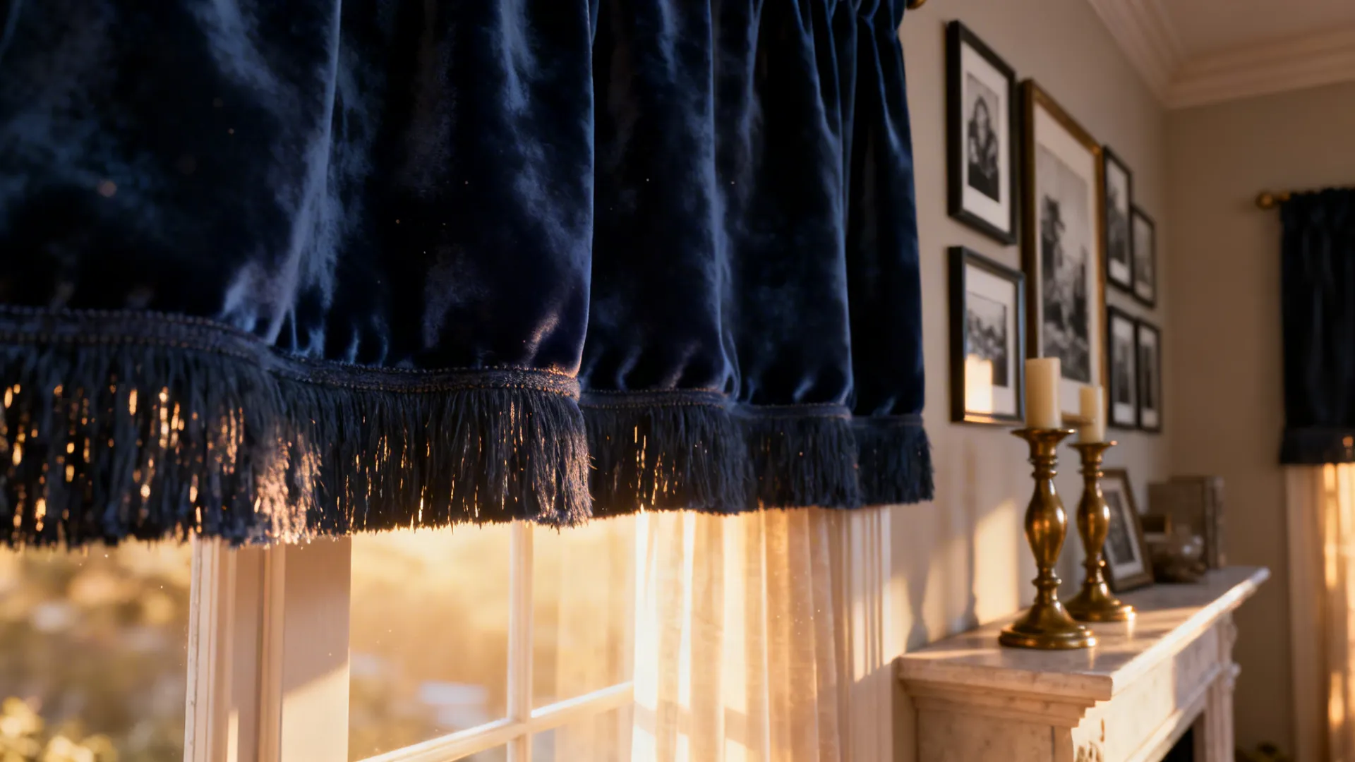 Navy blue velvet curtain with fringe detail over a window next to a classic white fireplace
