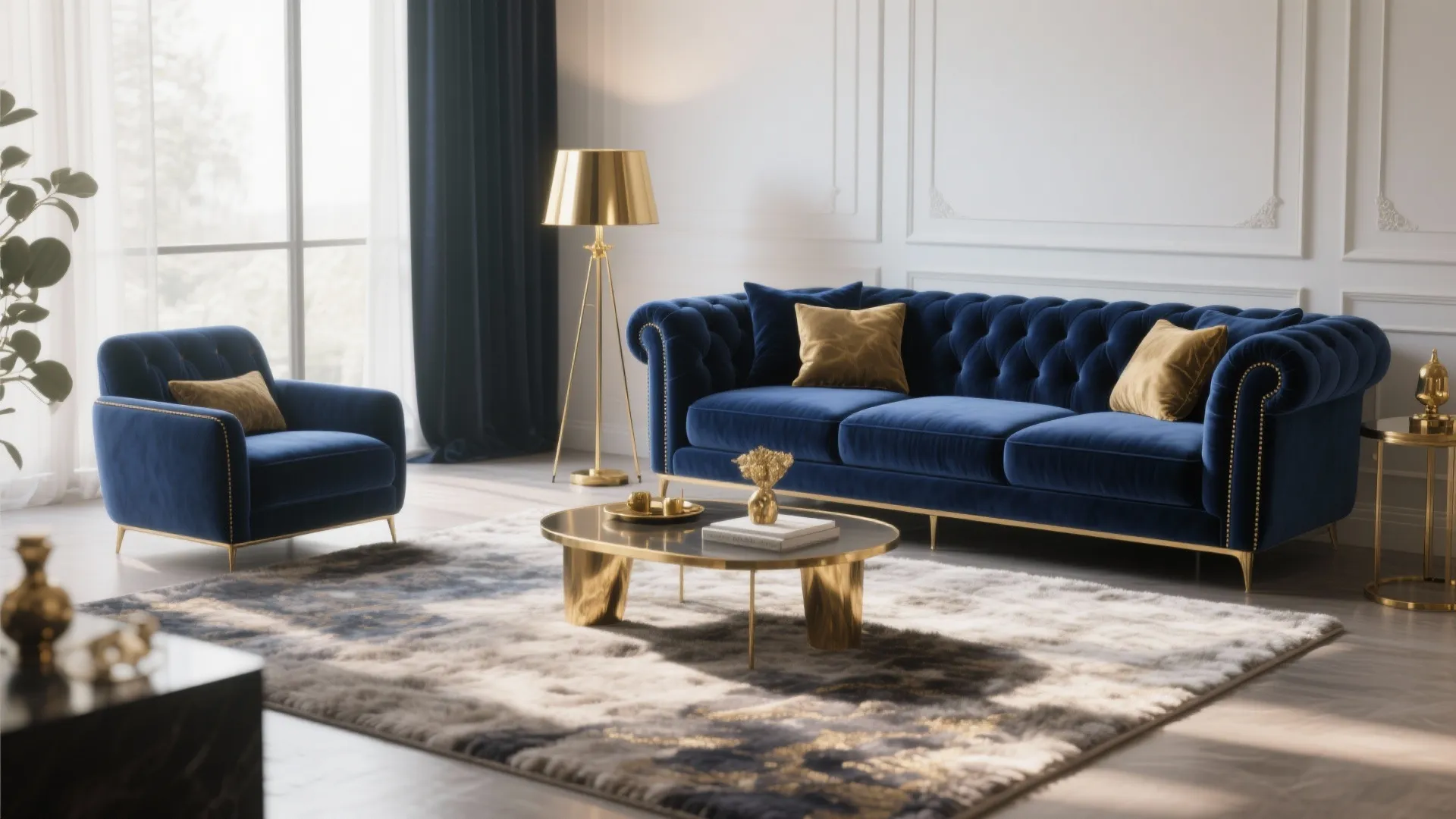 2. Velvet Navy Sofa