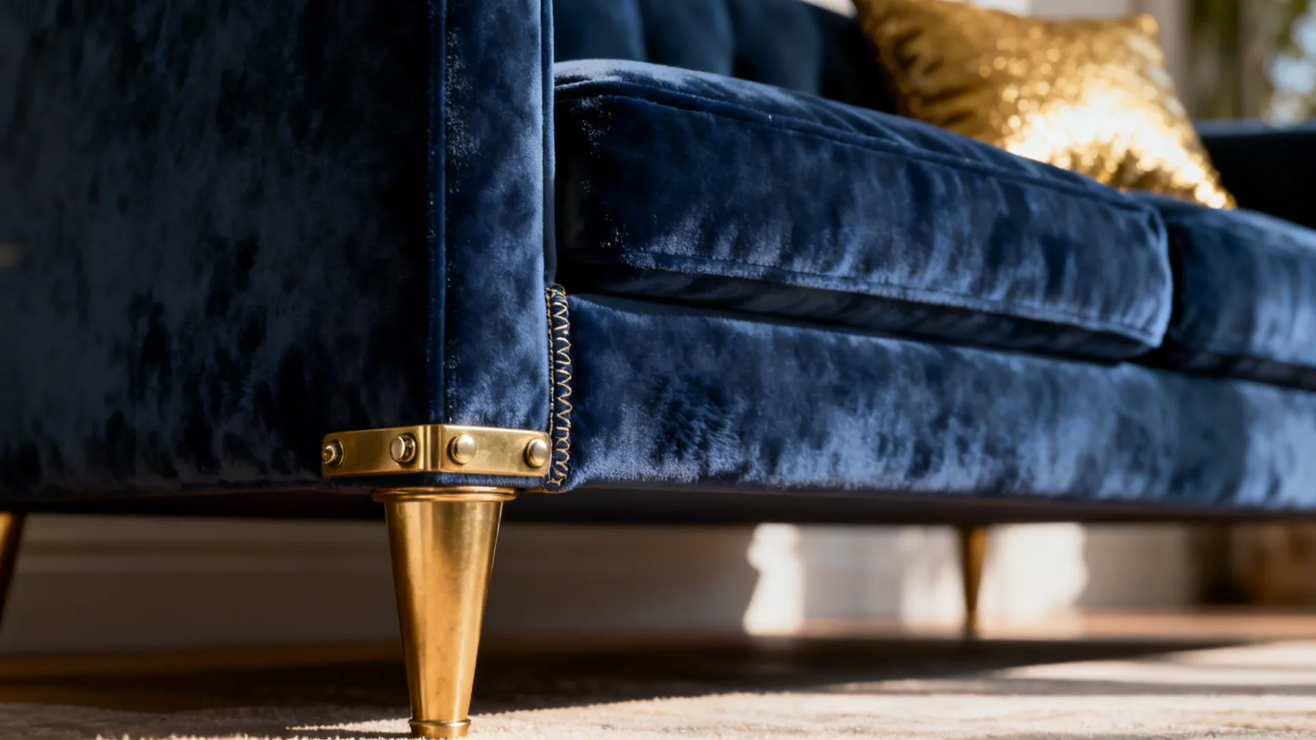 Close-up of navy velvet sofa with brass legs and textured cushion