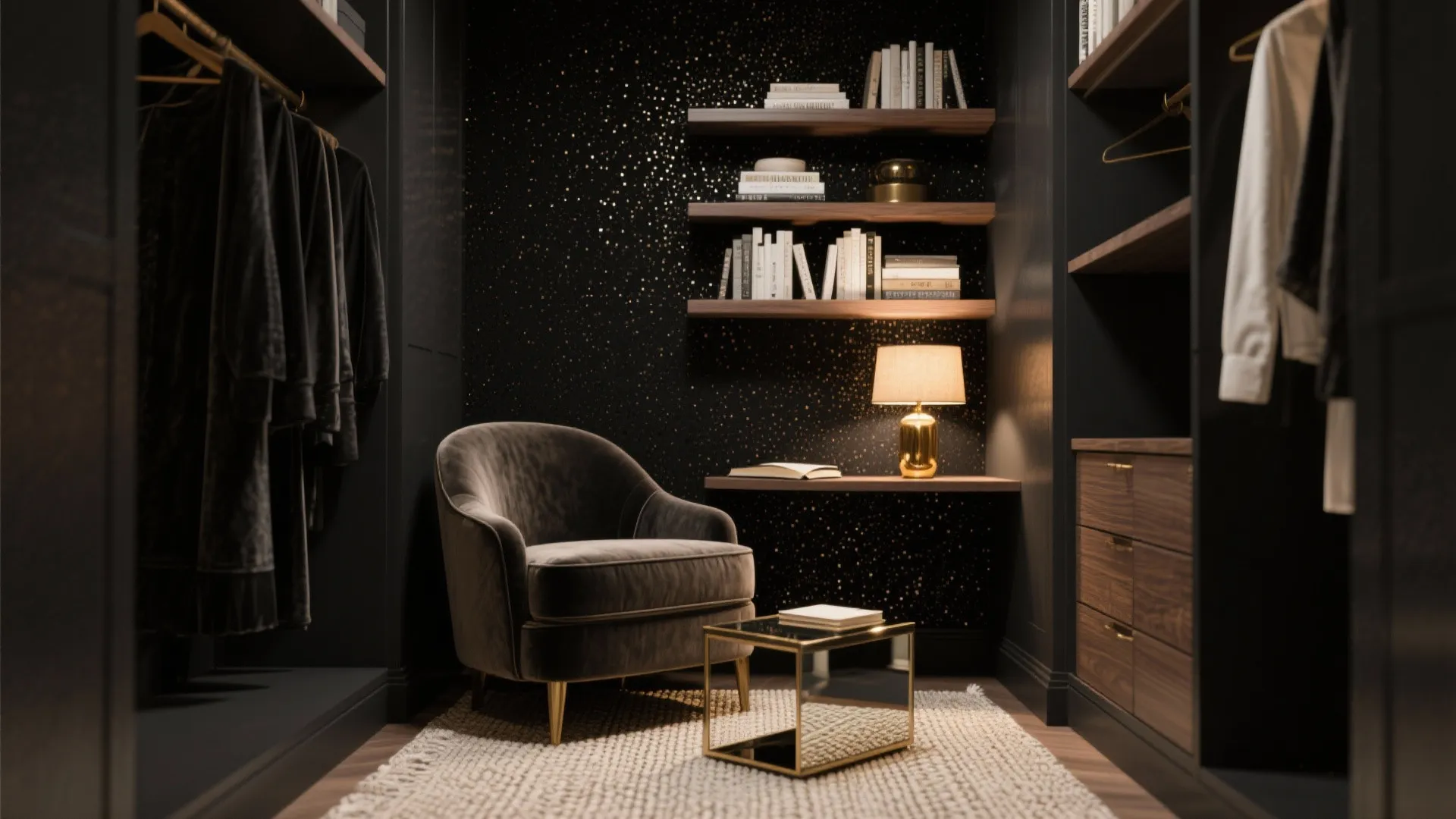 Dark walk-in closet with grey velvet chair, wooden bookshelves, gold lamp, and black glitter wallpaper