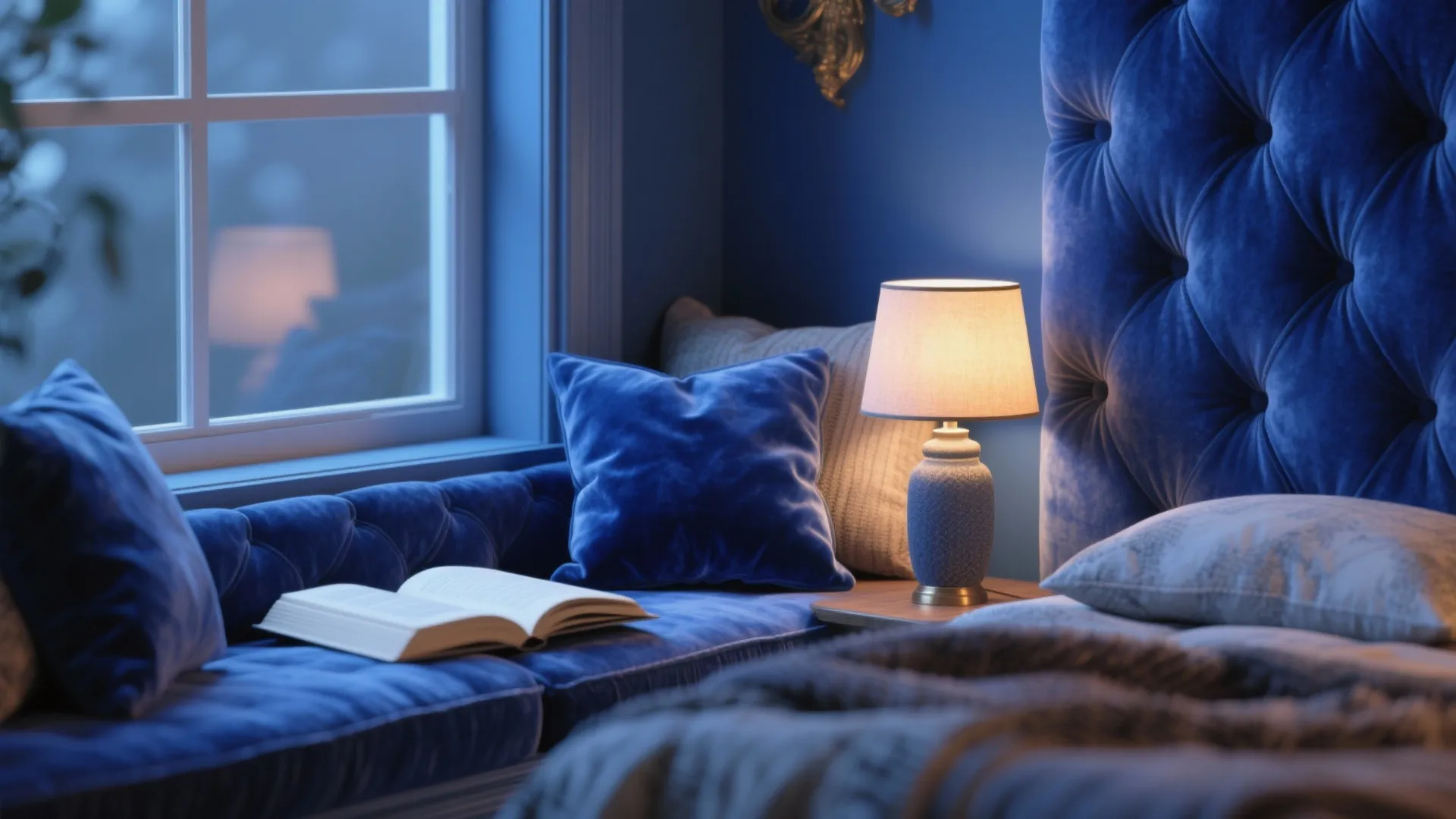 Cozy blue velvet reading nook with open book next to a small warm table light