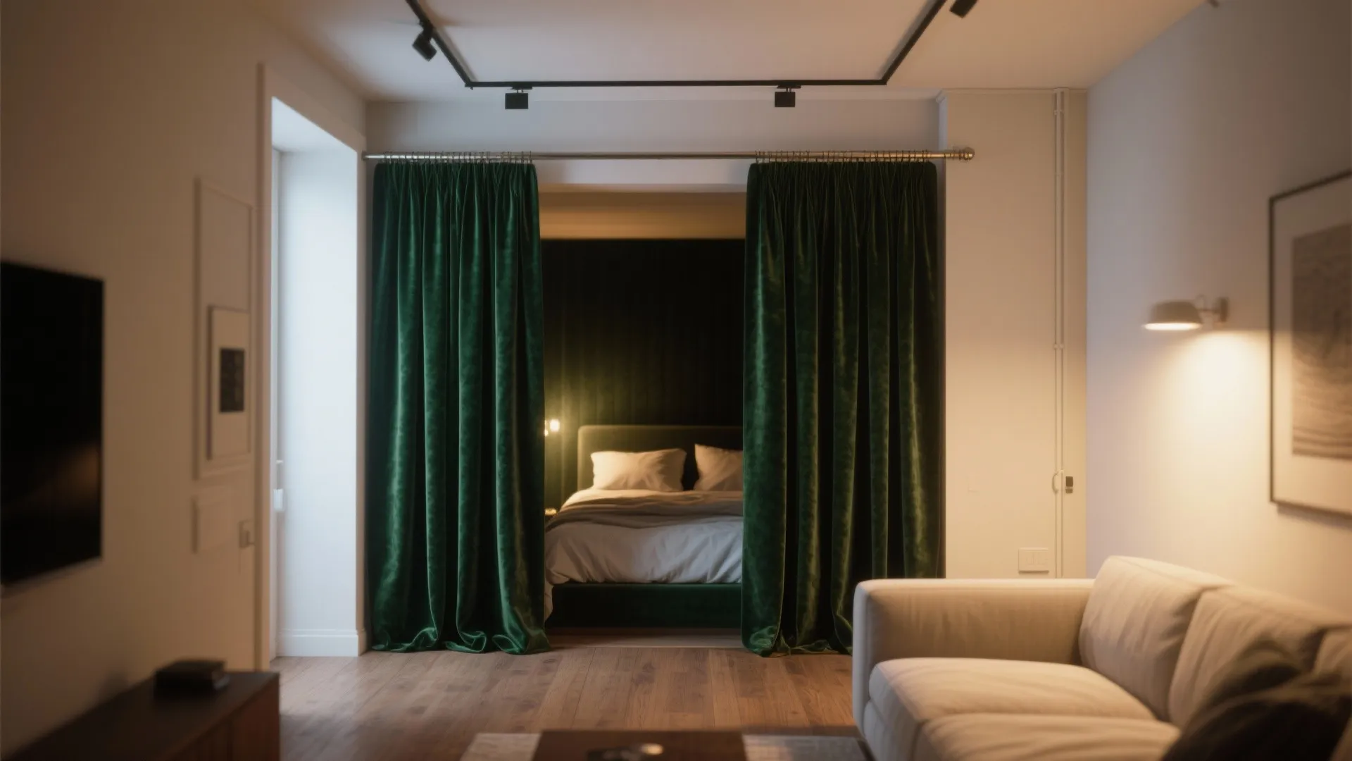 Blackout velvet drapes to carve a bedroom nook