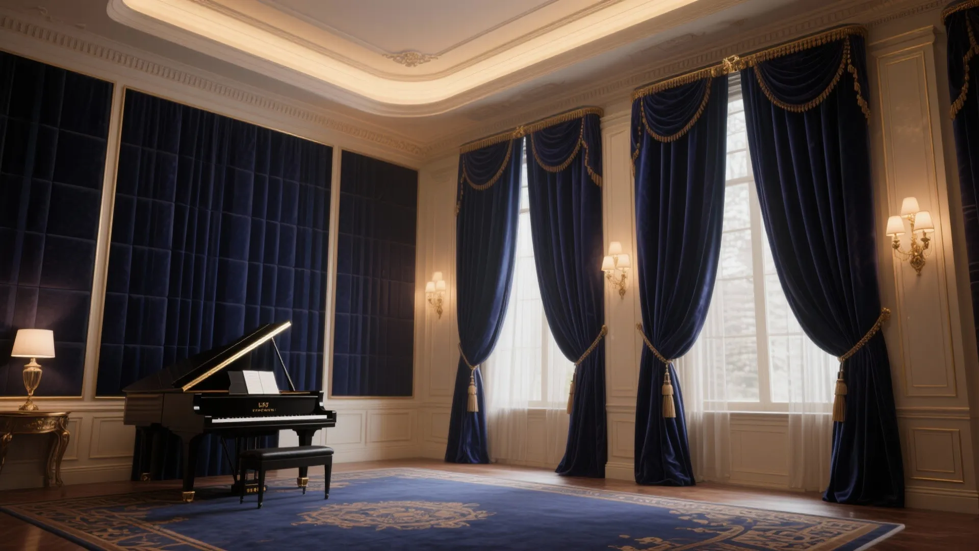 Deep navy velvet curtains in a luxurious formal piano room