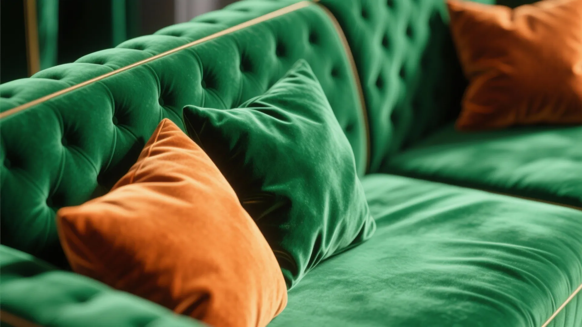 Close up of a green velvet sofa featuring soft orange pillows and classic button details