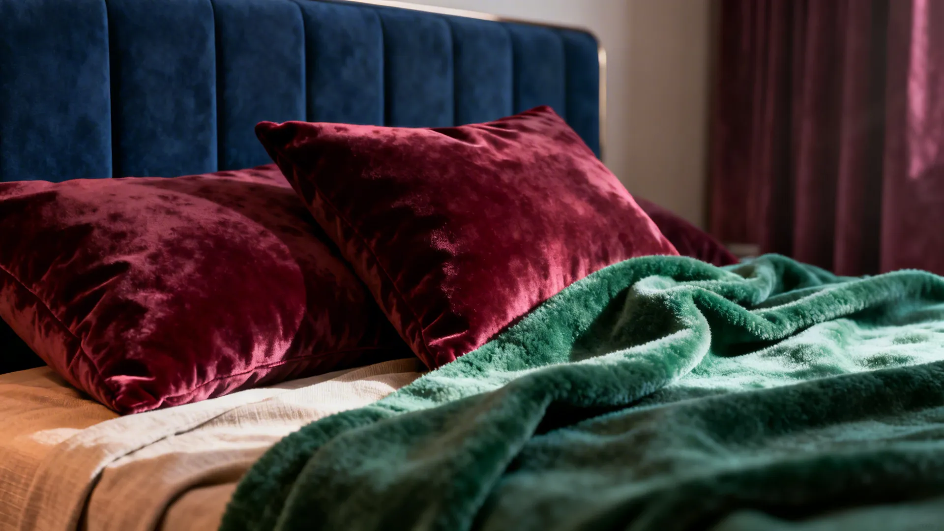 Close up of red velvet pillows and a green soft blanket on a blue bed