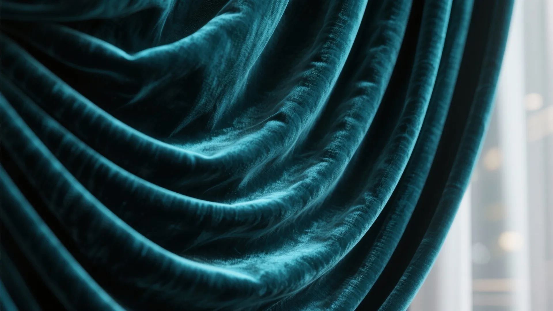 Close up of blue velvet curtains with soft folds showing texture and rich dark color