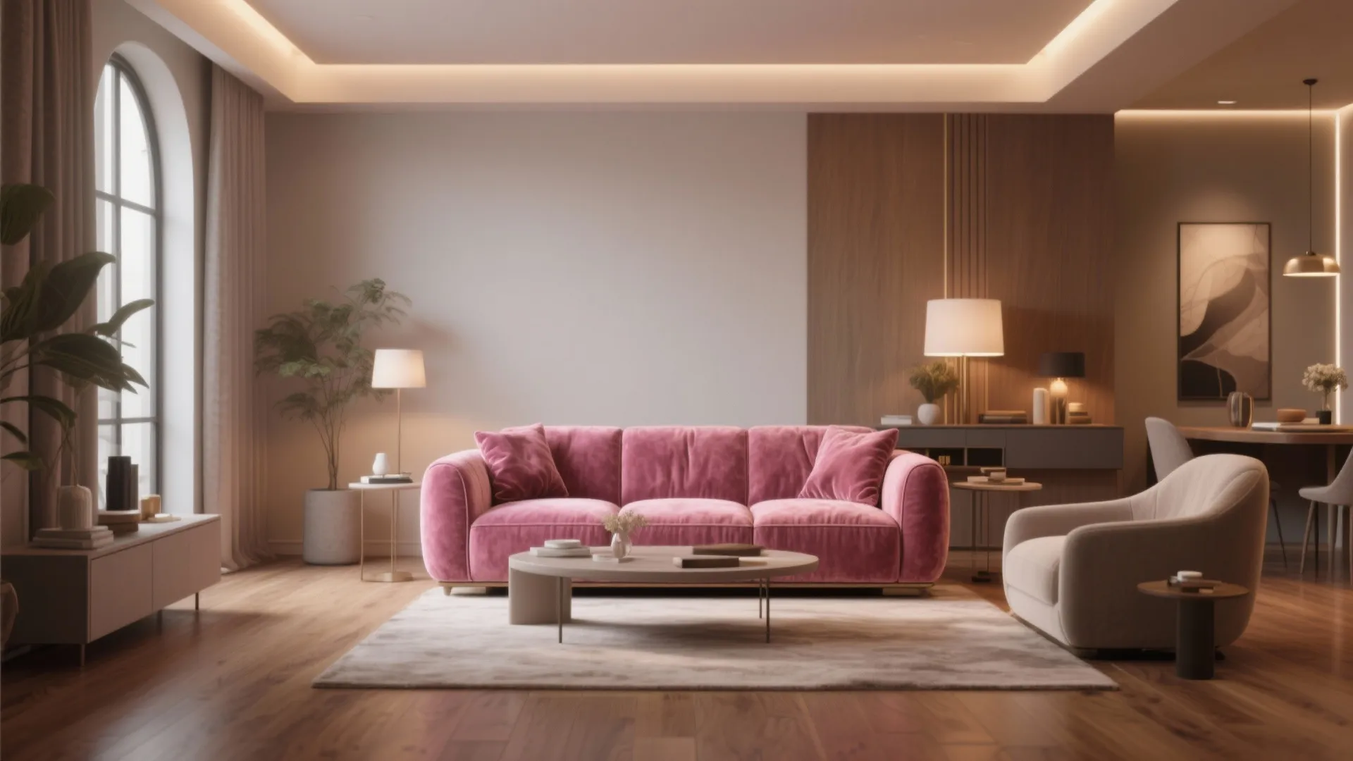 Elegant living room with a velvet pink sofa wooden floor and warm white light fixtures