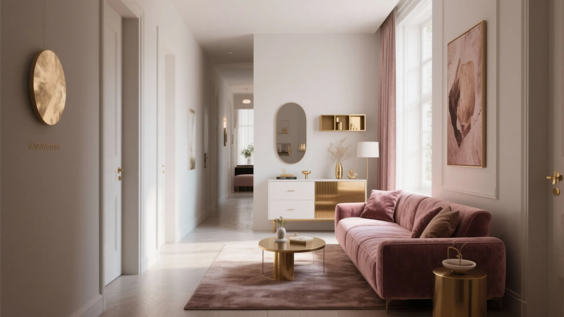 Elegant white hallway with pink velvet sofa gold coffee table white cabinet and gold wall light