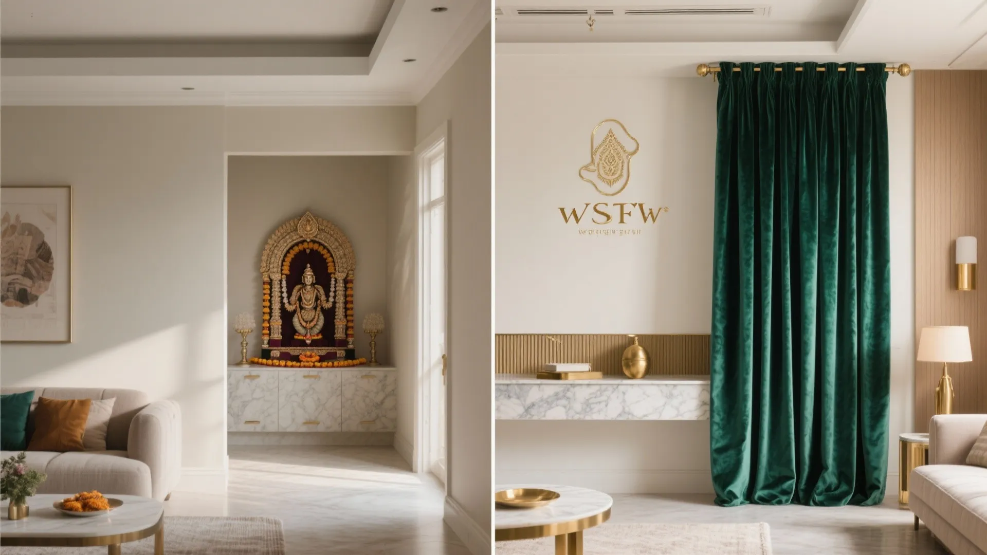 Comparison showing open living room layout versus room partitioned with a long green velvet curtain