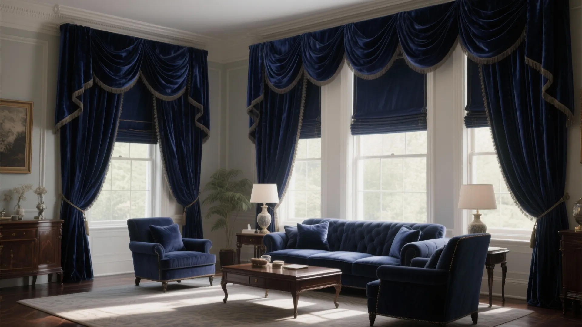 Formal living room with deep navy velvet Roman shades