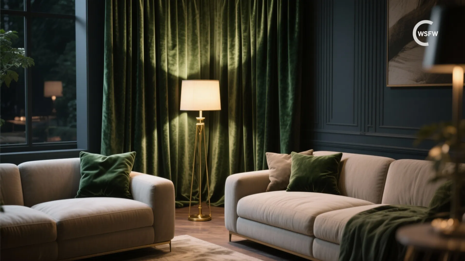 Cozy dark living room featuring green curtains white sofas with velvet pillows and floor lamp