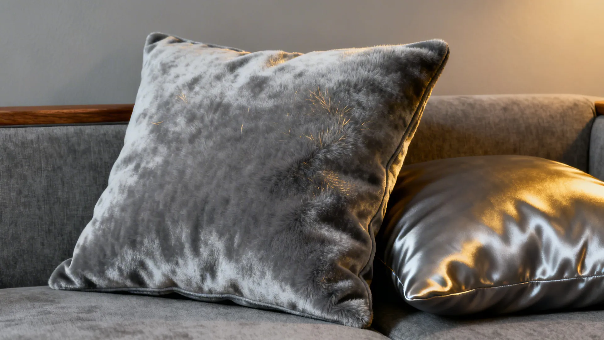 Steel-grey velvet and satin cushions showing tactile contrast on a sofa.
