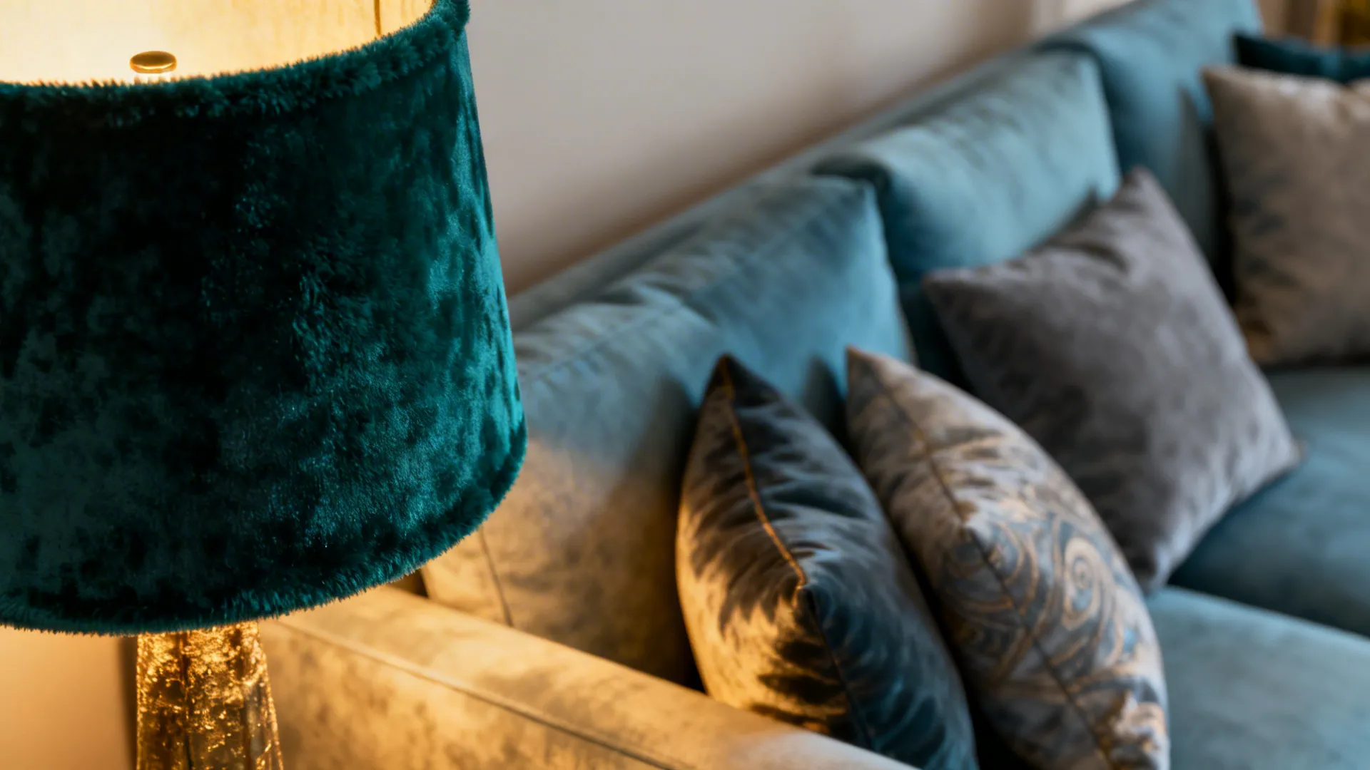 Emerald velvet lamp shade casting warm textured light over a sofa