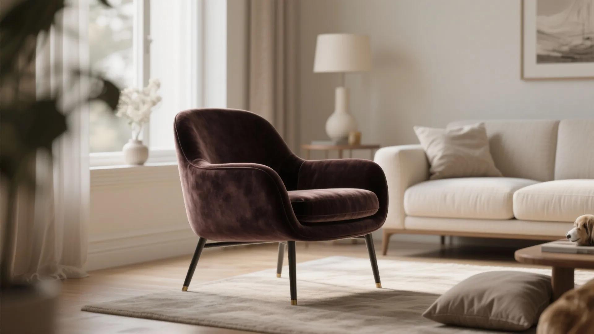 Deep chocolate velvet slim-armed accent chair in a light neutral living room.