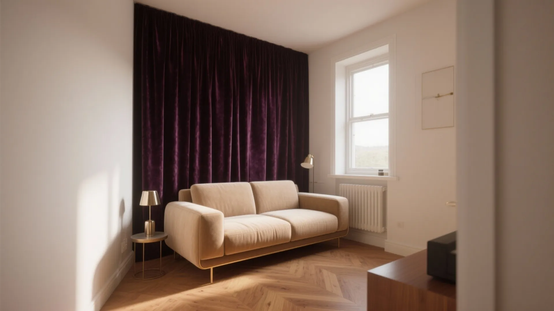 Modern living room featuring beige sofa purple curtain wood floor small side table and floor lamp