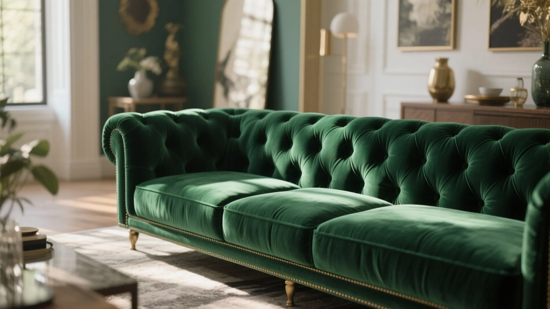Close-up of emerald velvet sofa with rich texture