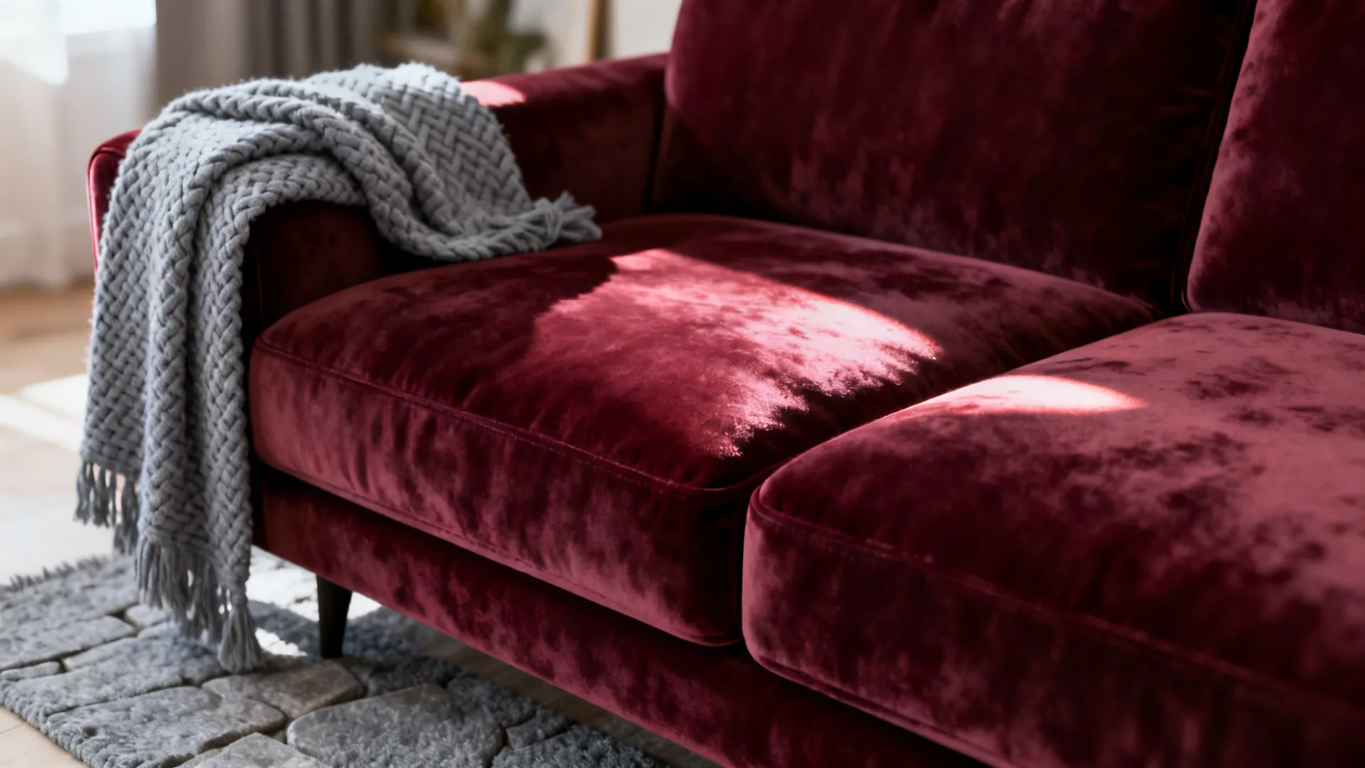 Macro detail of a velvet burgundy sofa with a cool gray woven throw and stone-gray rug.