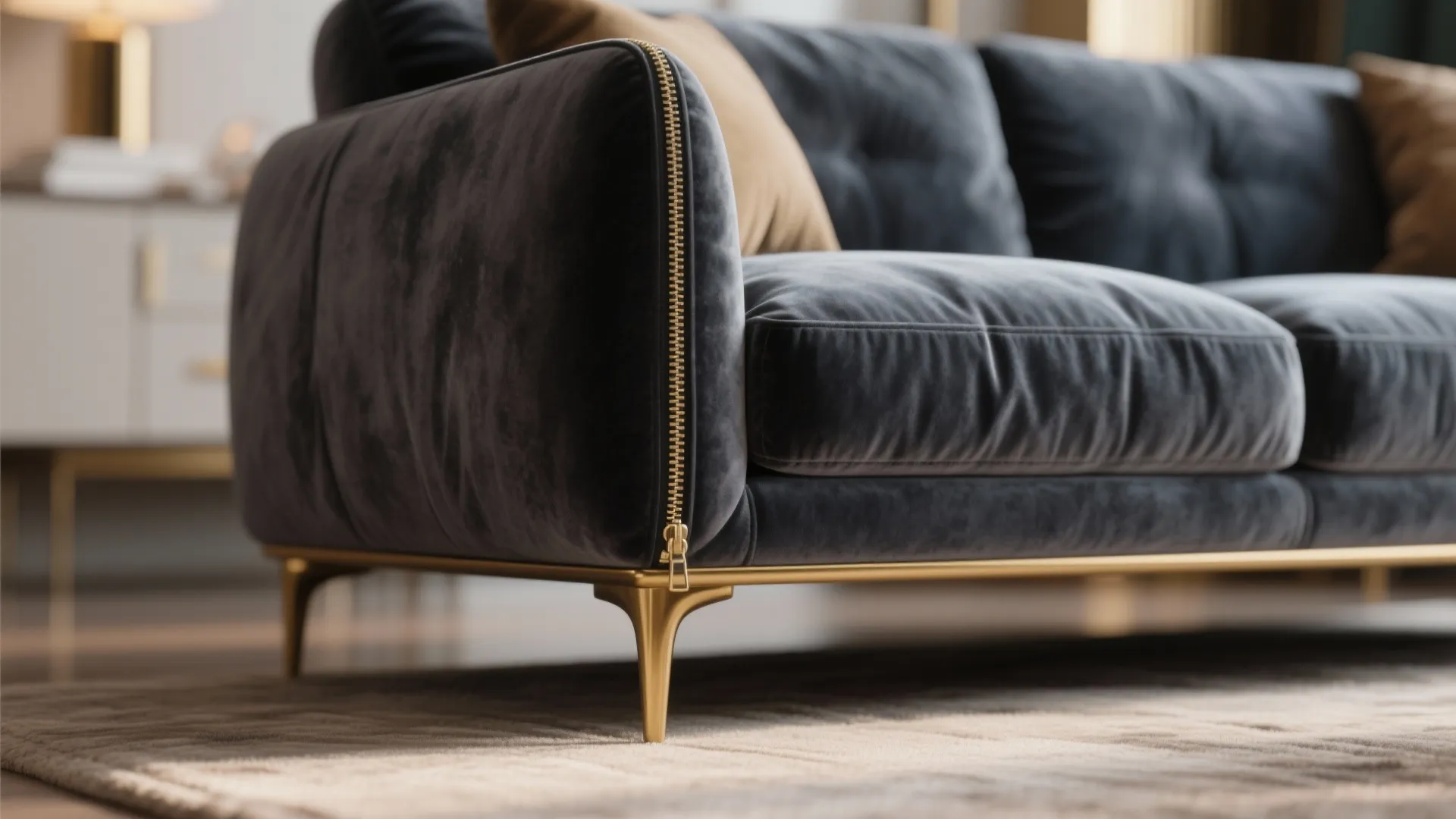 2. Velvet Sofa in Deep Grey and Gold Legs
