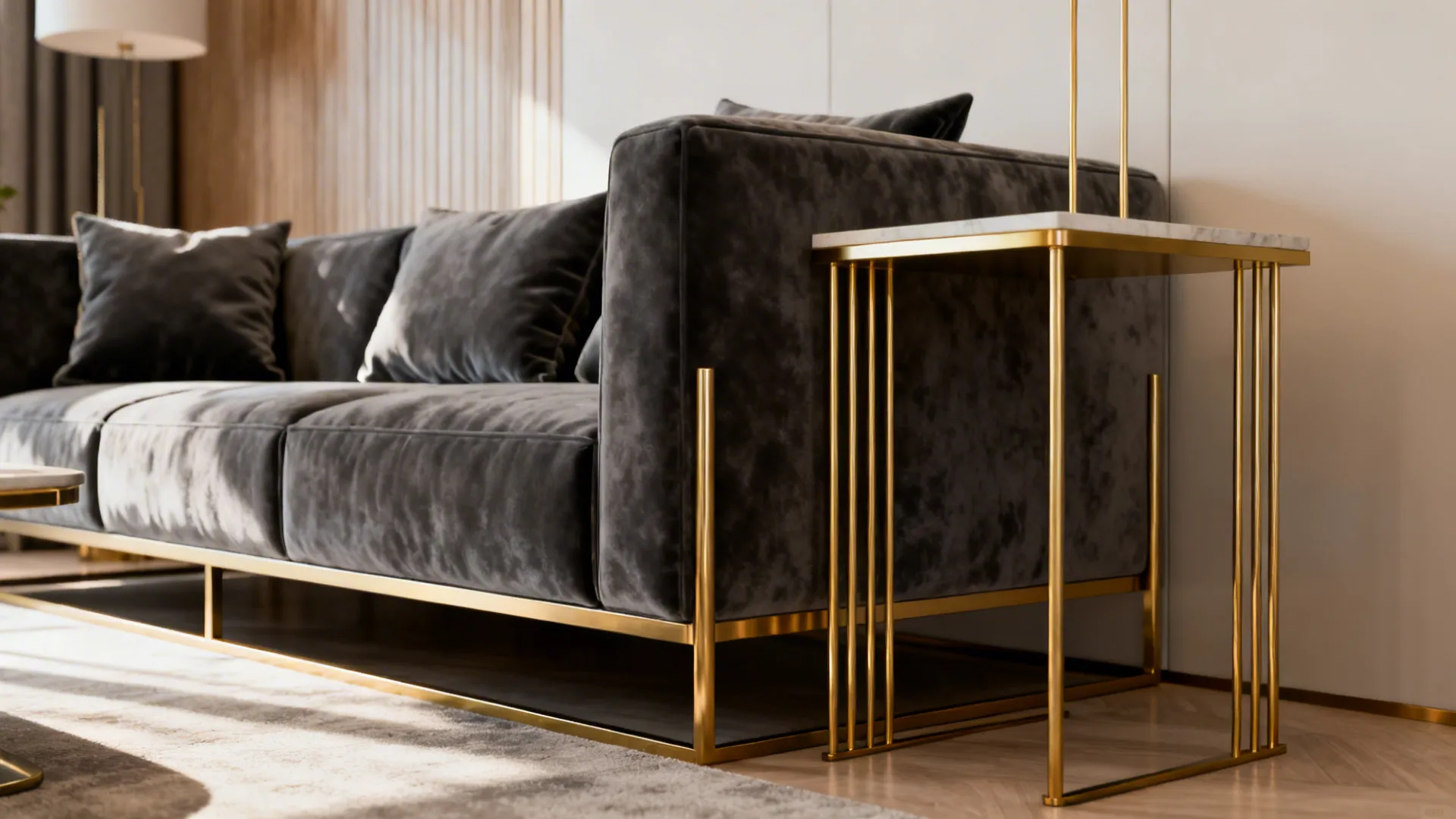 2. Grey velvet sofa with gold-accented side tables