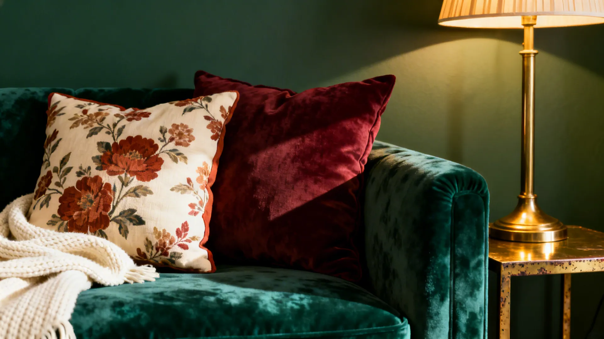 1. Velvet sofa + dark green backdrop