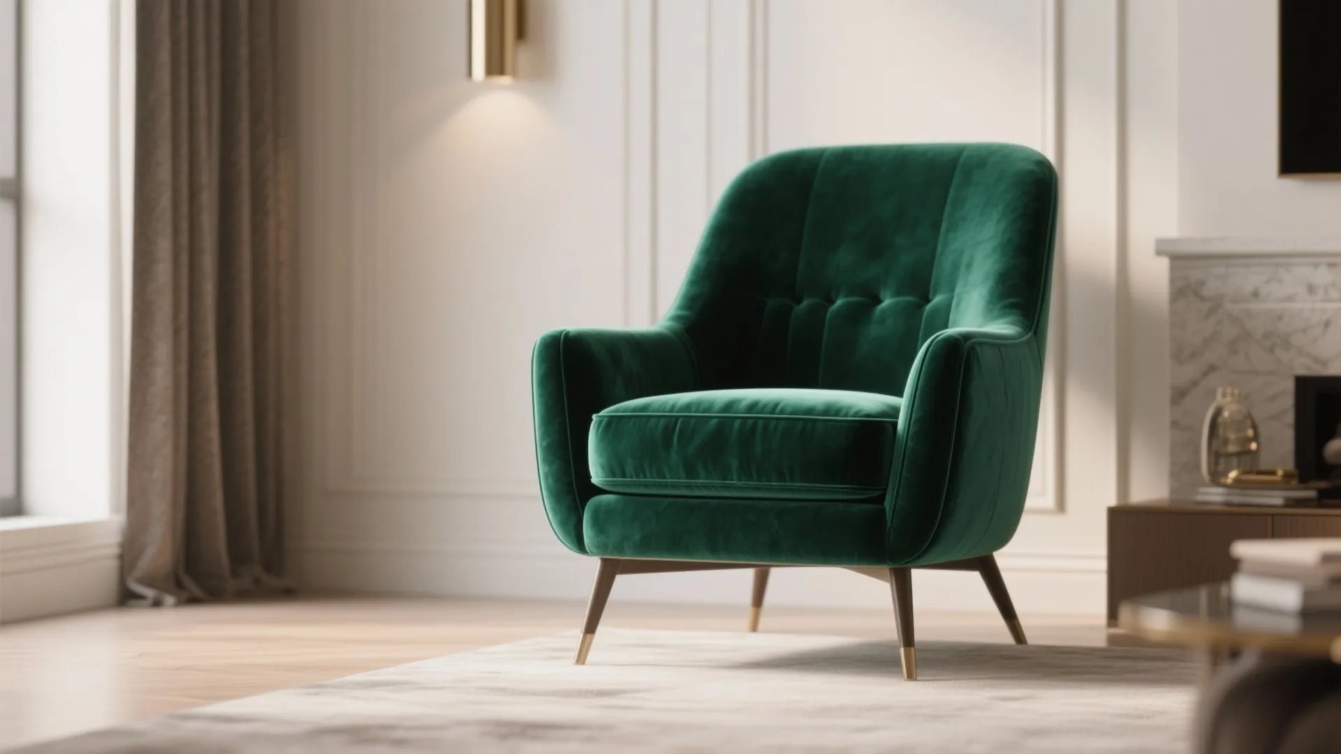 Emerald velvet statement chair in a modern condo living room