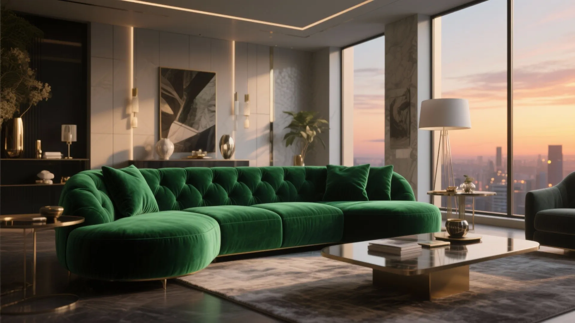 Emerald green velvet sofa as a statement piece in a modern living room