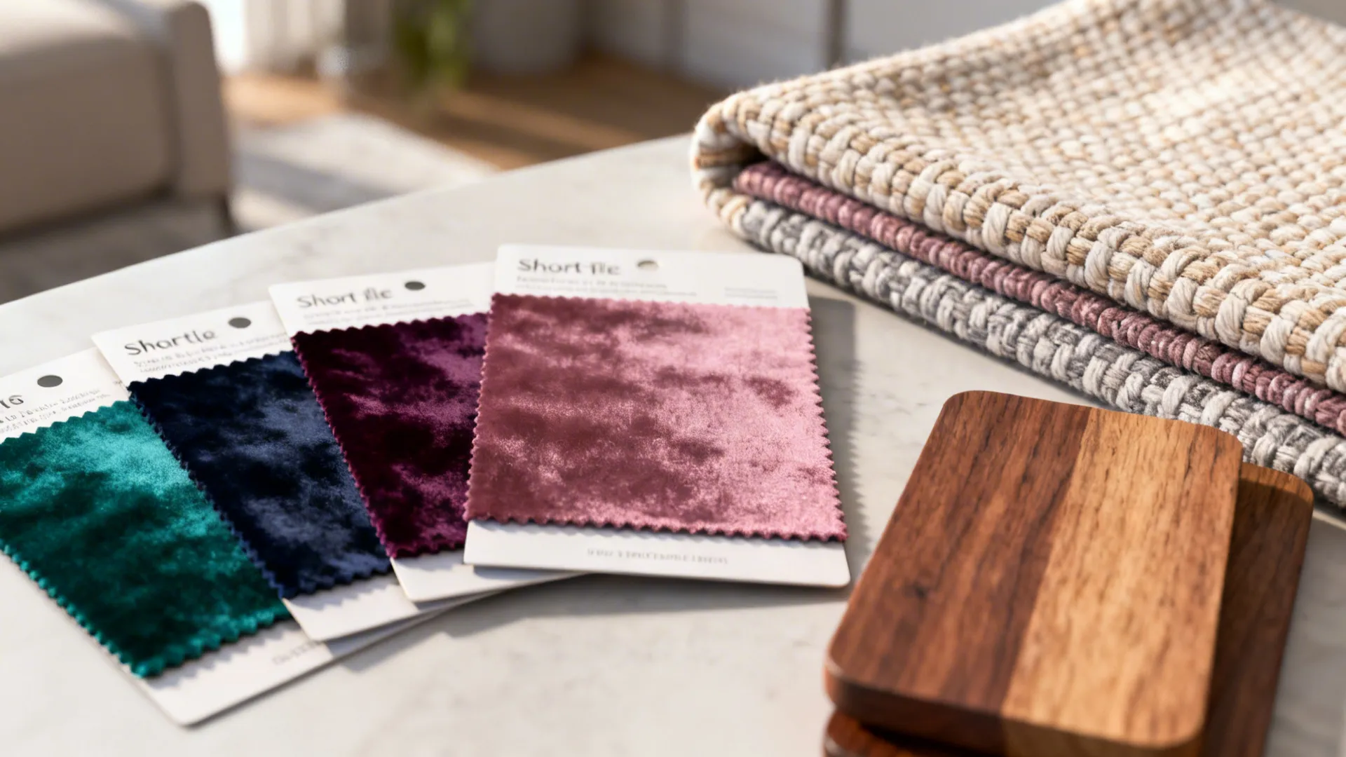 Fabric swatches of short-pile performance velvet in jewel tones alongside wood and woven samples