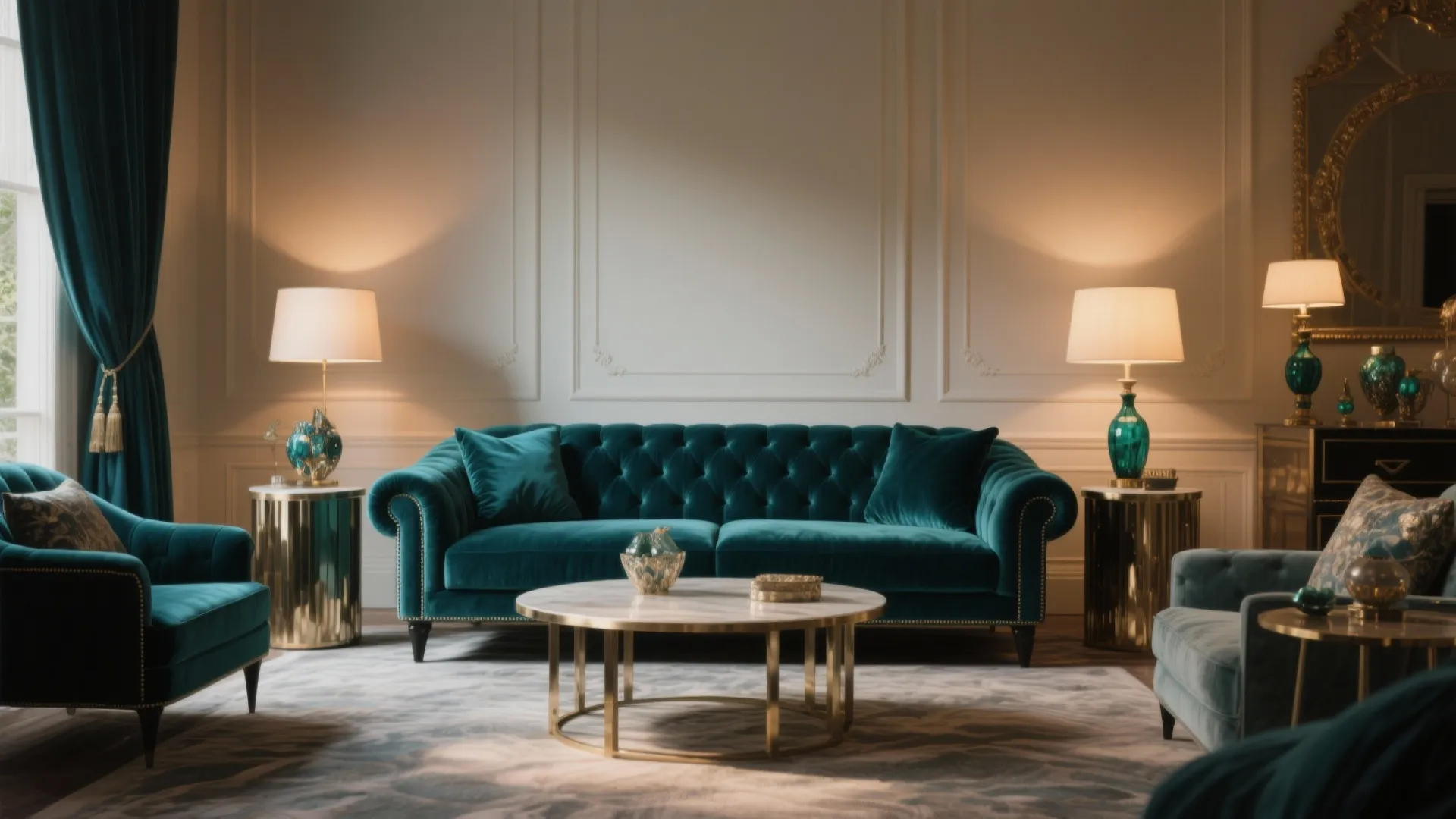 Luxury living room featuring teal velvet sofa with gold side tables and round coffee table