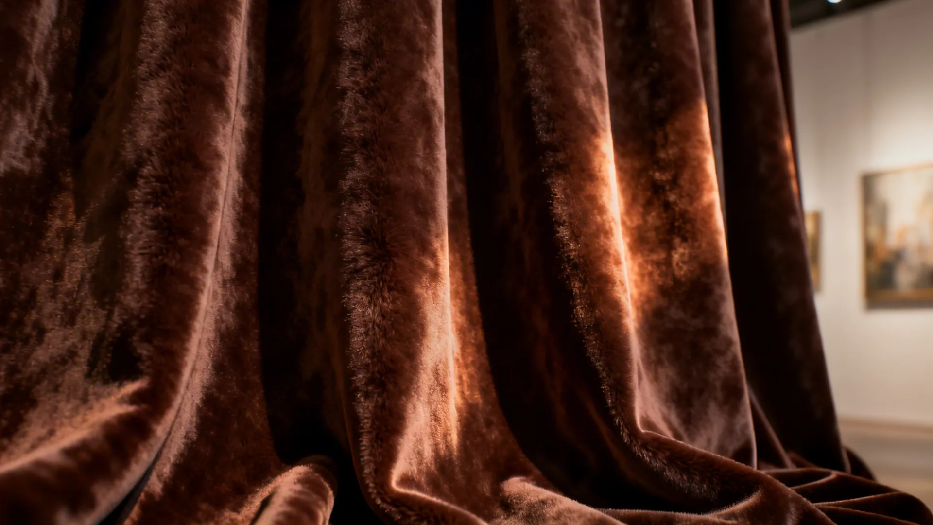Close-up of deep cocoa velvet curtains showing rich pile and luxurious sheen.
