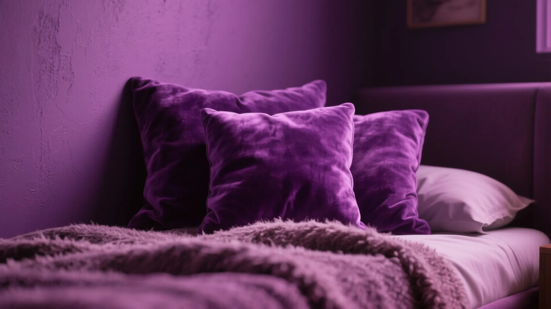 Macro view of velvet cushion and wool throw against a deep purple matte wall in a small bedroom.