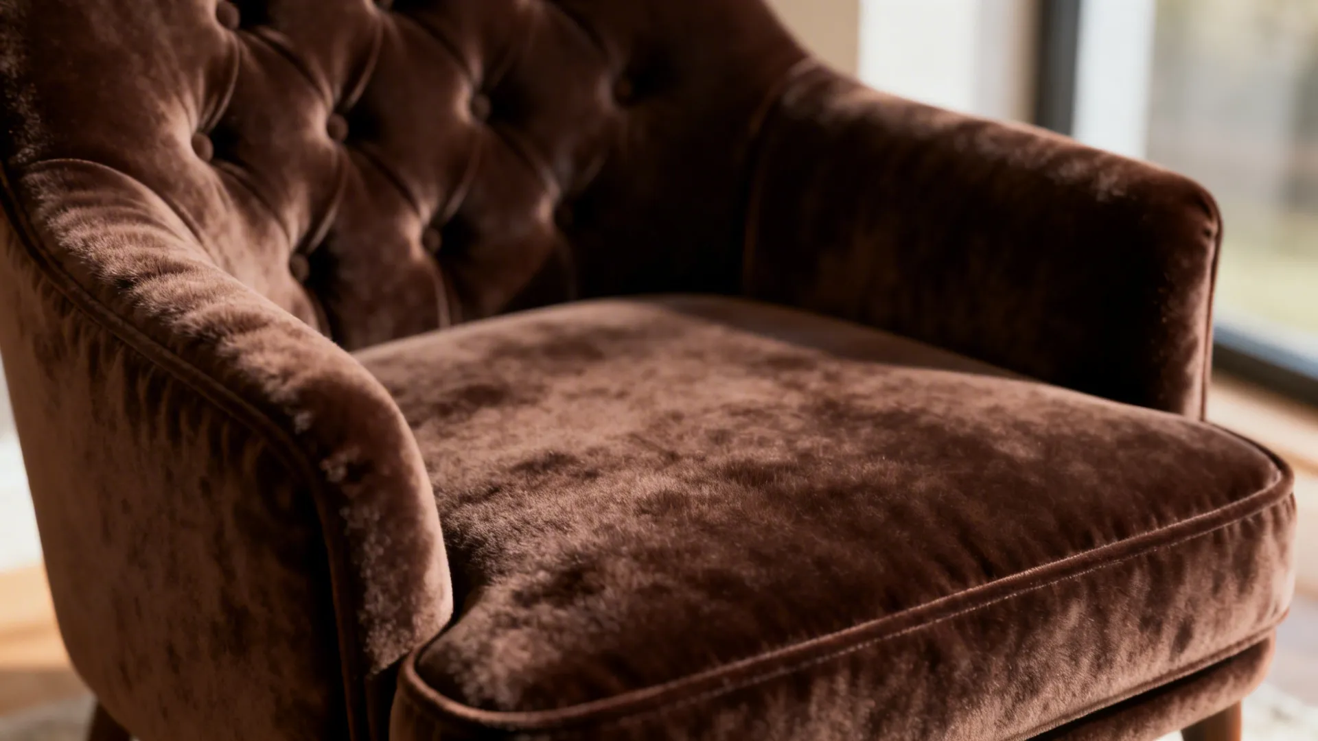 Macro detail of chocolate brown velvet tufting on an accent chair