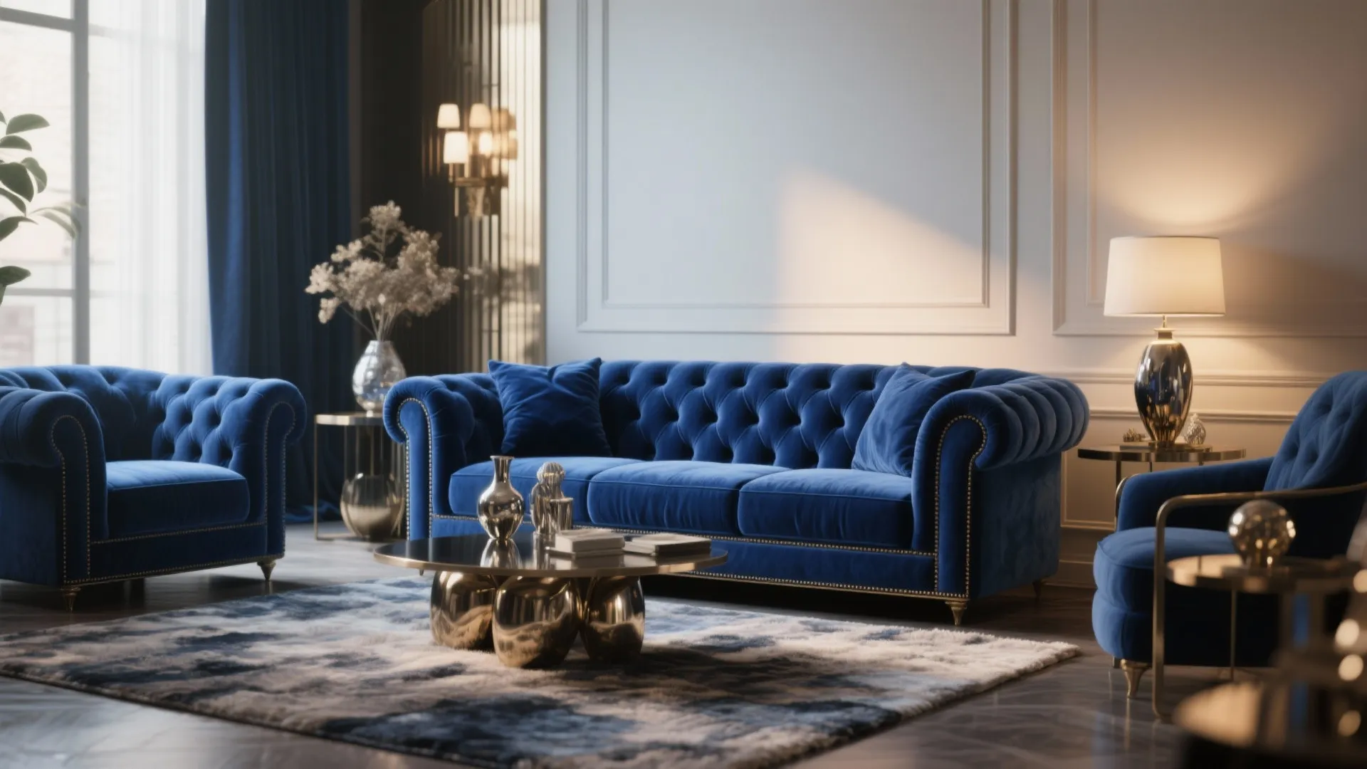 Deep blue velvet tufted sofa with metallic accents in a luxe living room