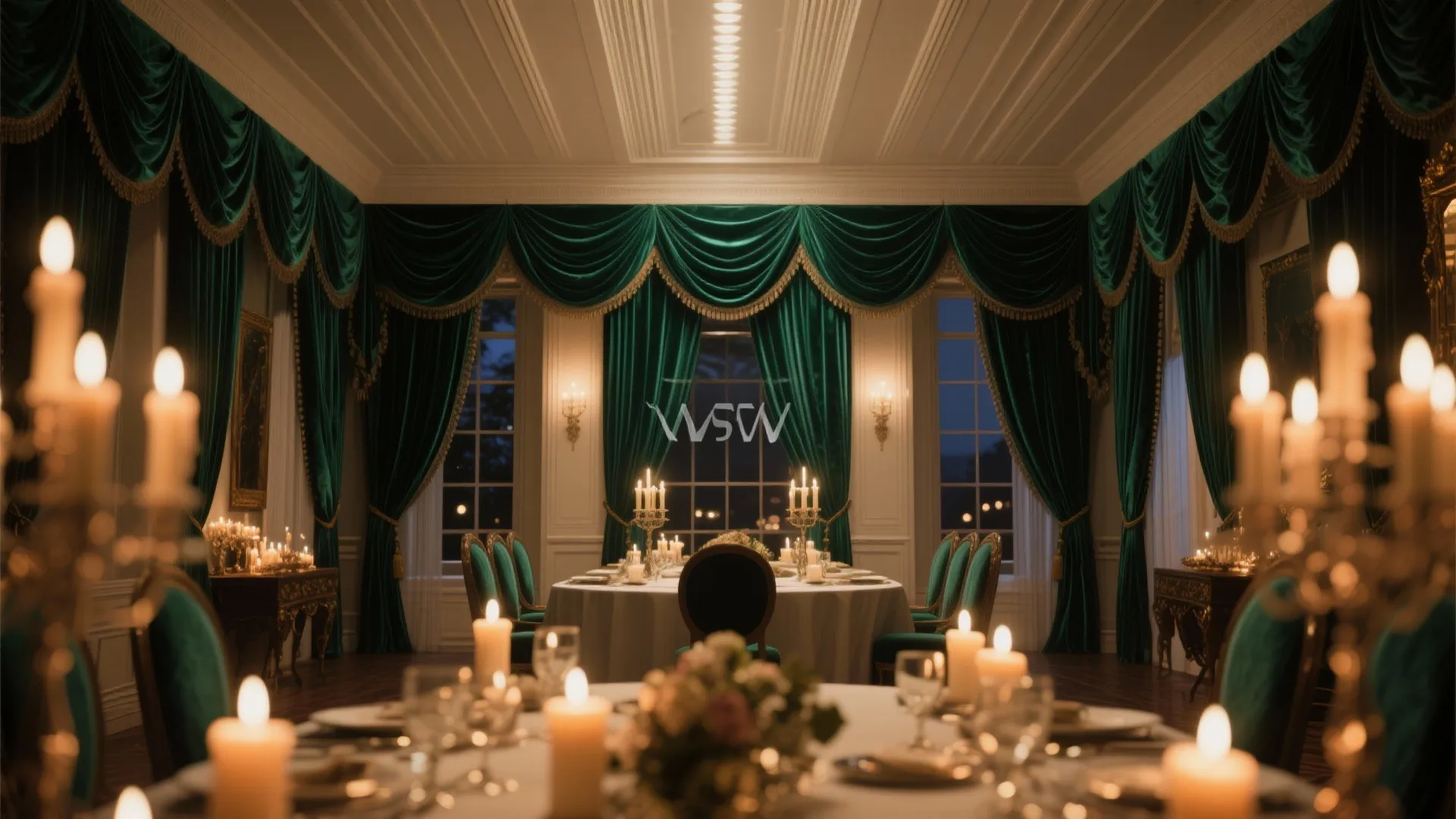 Elegant dining room with green velvet curtains gold trim candles and a large round table