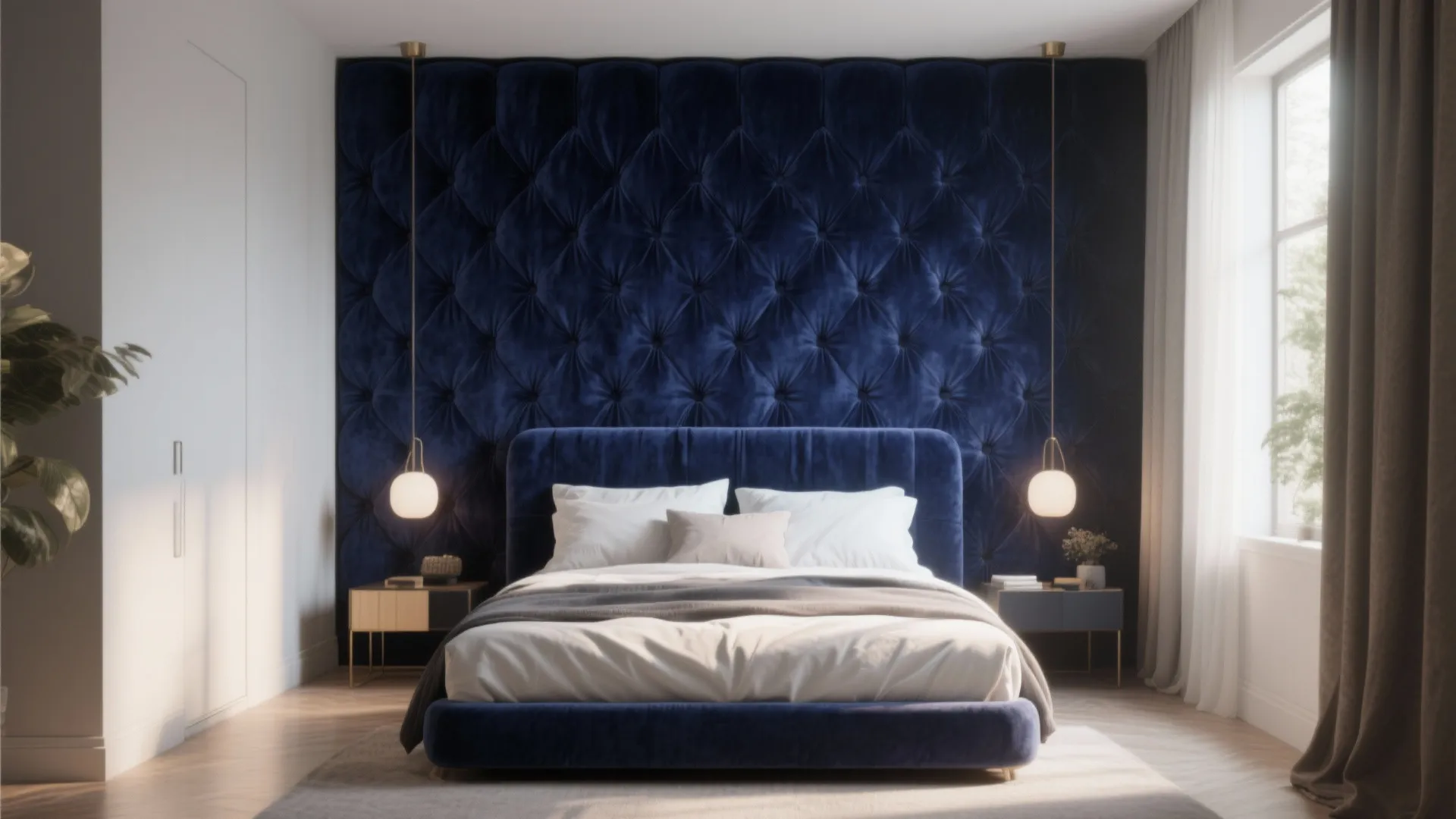 Modern bedroom with blue velvet wall panel, matching bed, hanging lights, and large window view