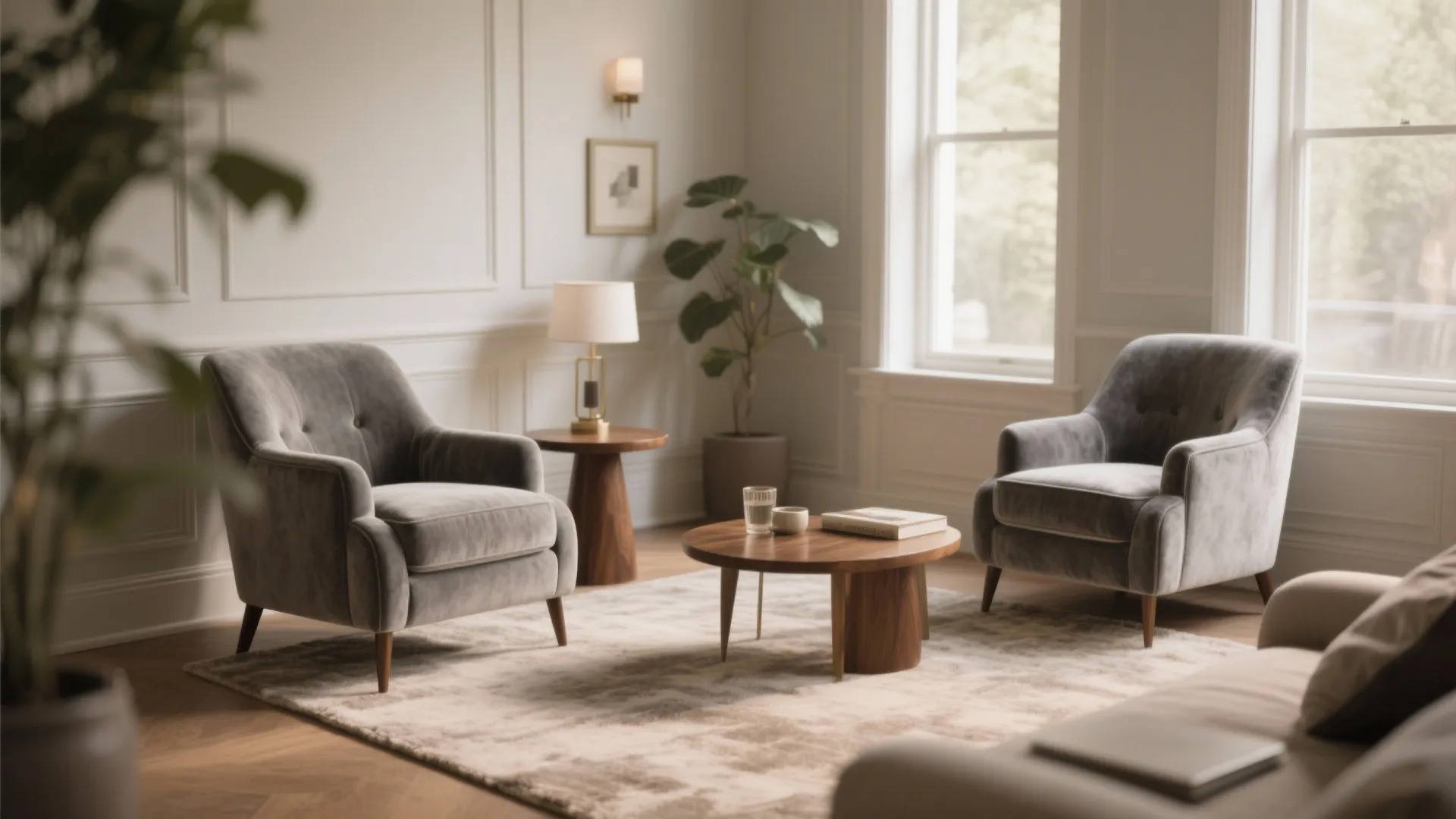 Velvet Gray Armchairs with Walnut Side Tables