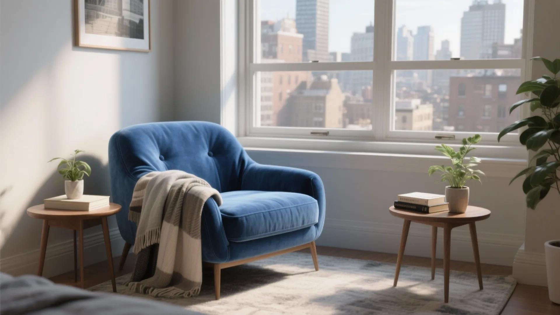 Window nook with a compact blue velvet accent chair, soft throws, and natural daylight.