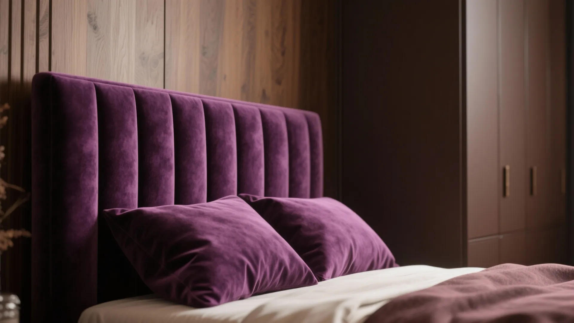 Close-up of plum velvet headboard and matte chocolate wardrobe textures