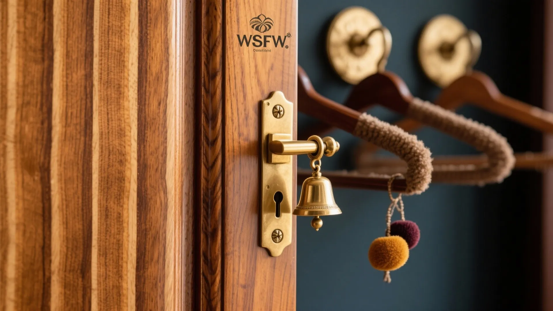 [
  {
    "url": "https://coohom-biz-sg-s3.coohom.com/ins/static/article/veneer-bell-macro-1761891065942657600.jpg",
    "alt": "Wooden cabinet door with brass handle and small bell next to hangers in blue closet"
  }
]