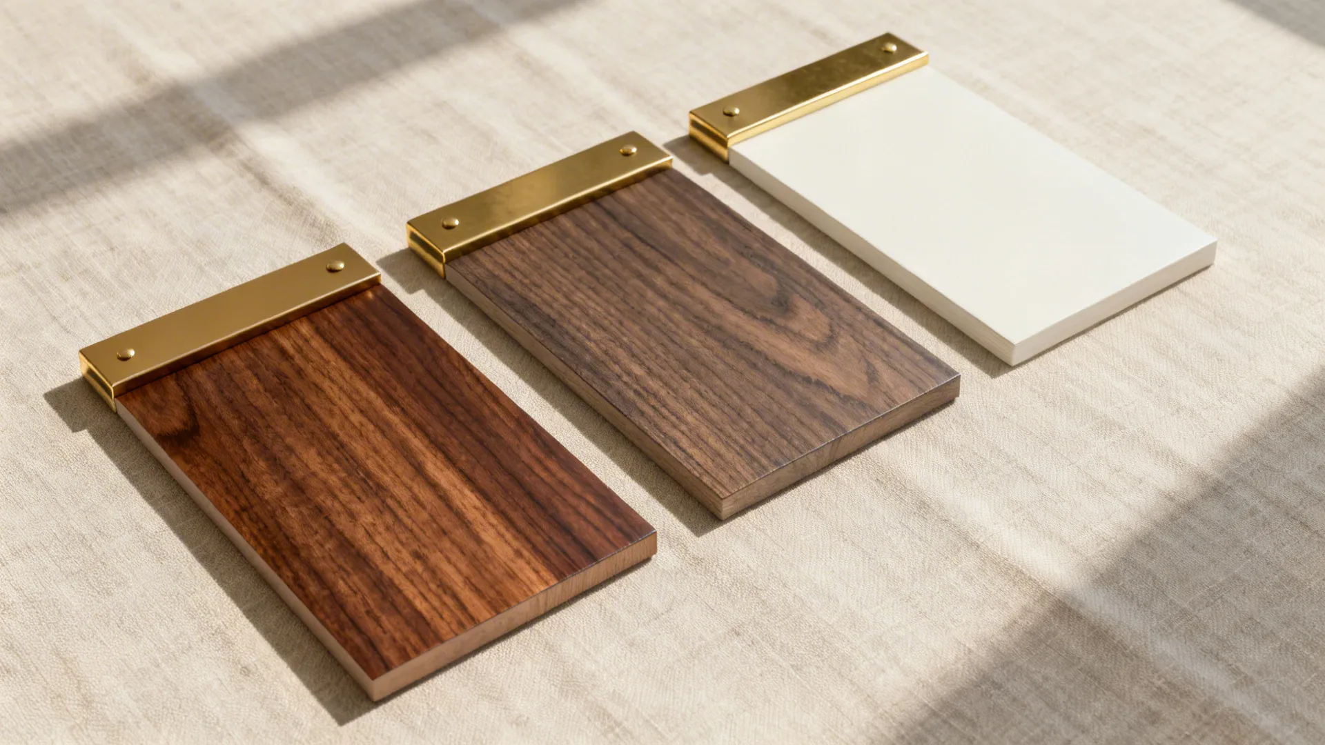 Flat lay of mid-tone wood veneer samples with brass accents and paint swatches.