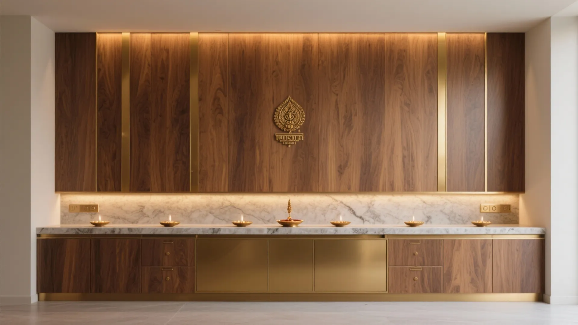 Large wooden wall cabinet with gold trim marble top small oil lamps and gold symbol