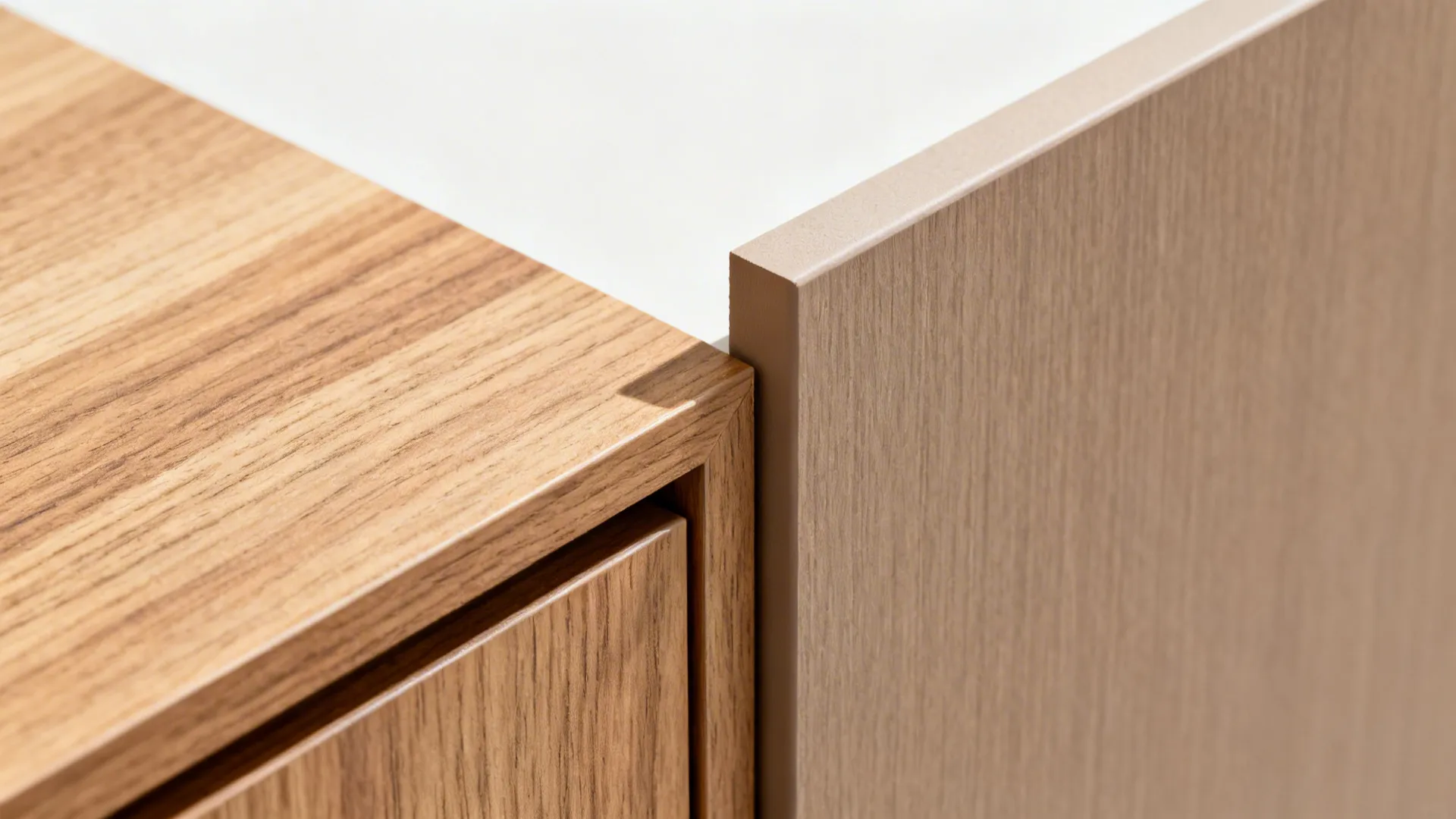 Close-up of a veneered cabinet door edge over a moisture-resistant MDF core.