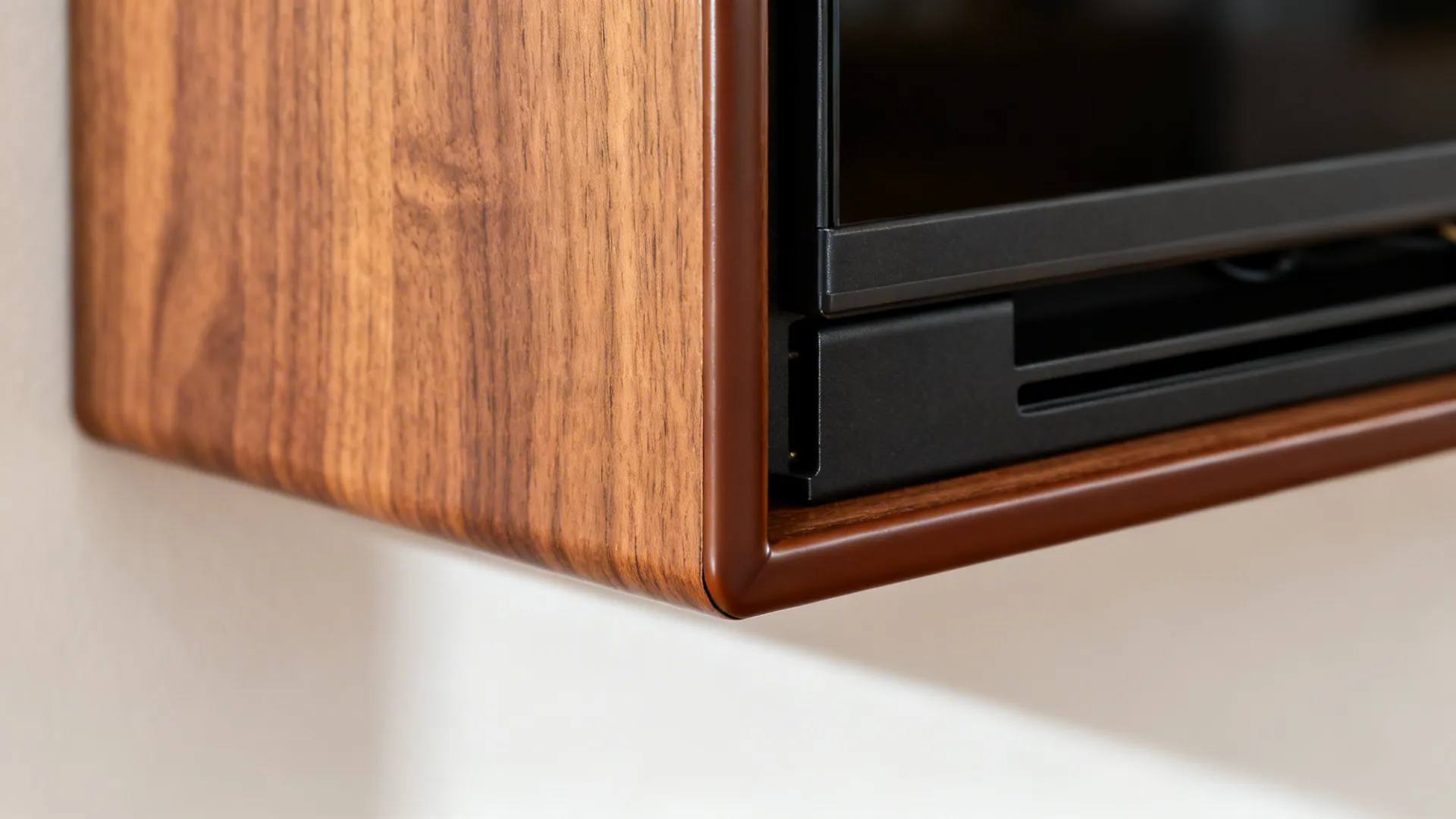 Macro of teak veneer TV panel with PU-sealed edge and concealed cable channel.