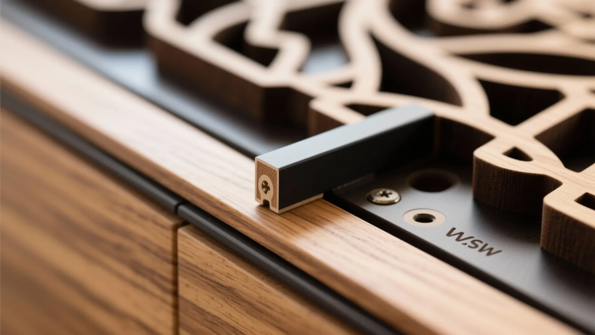 Macro of CNC-cut veneer OM jali with clean ABS edge banding and fine grain.
