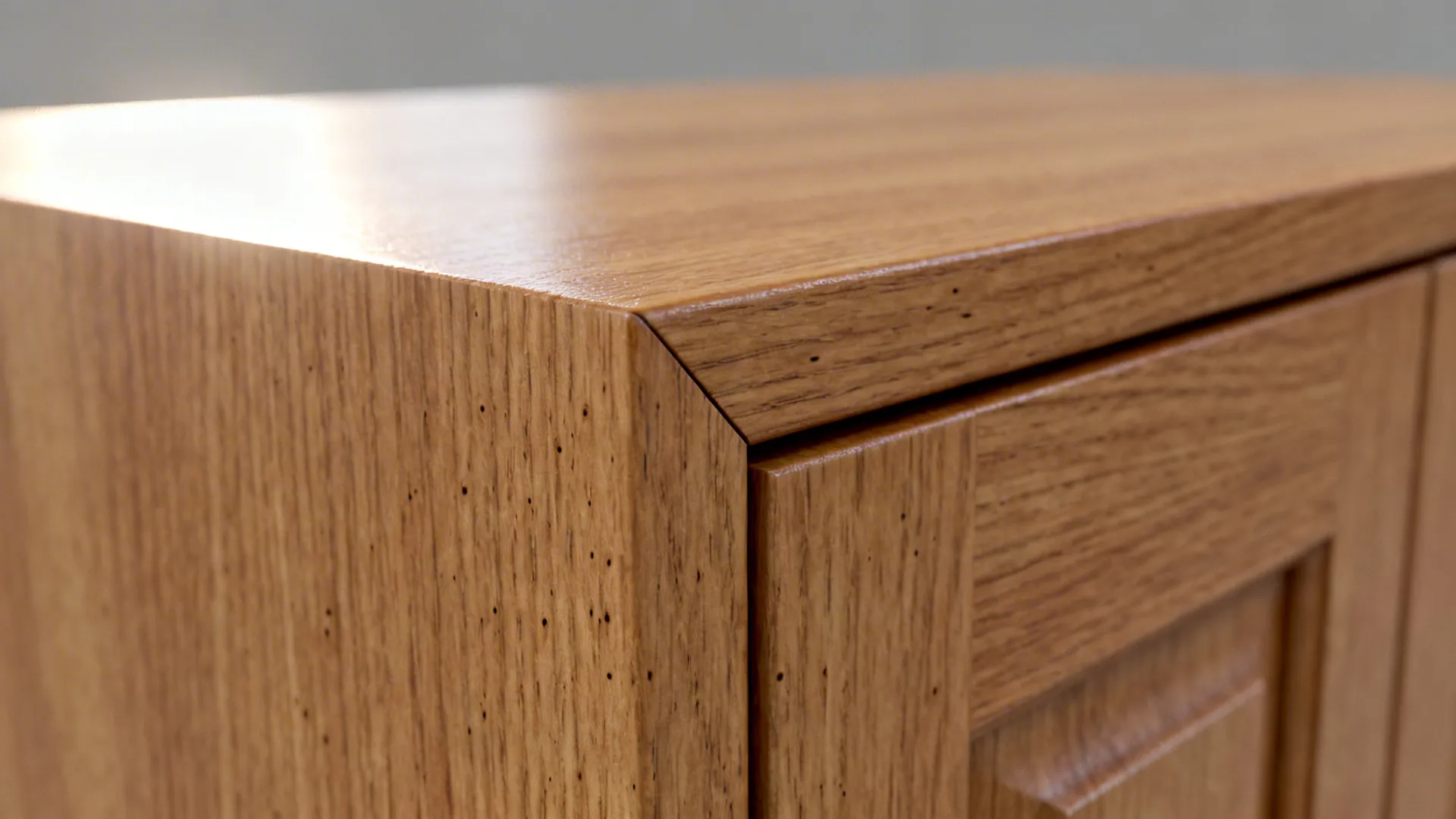 Macro view of oak veneer edge-banding with vertical grain and sealed finish.